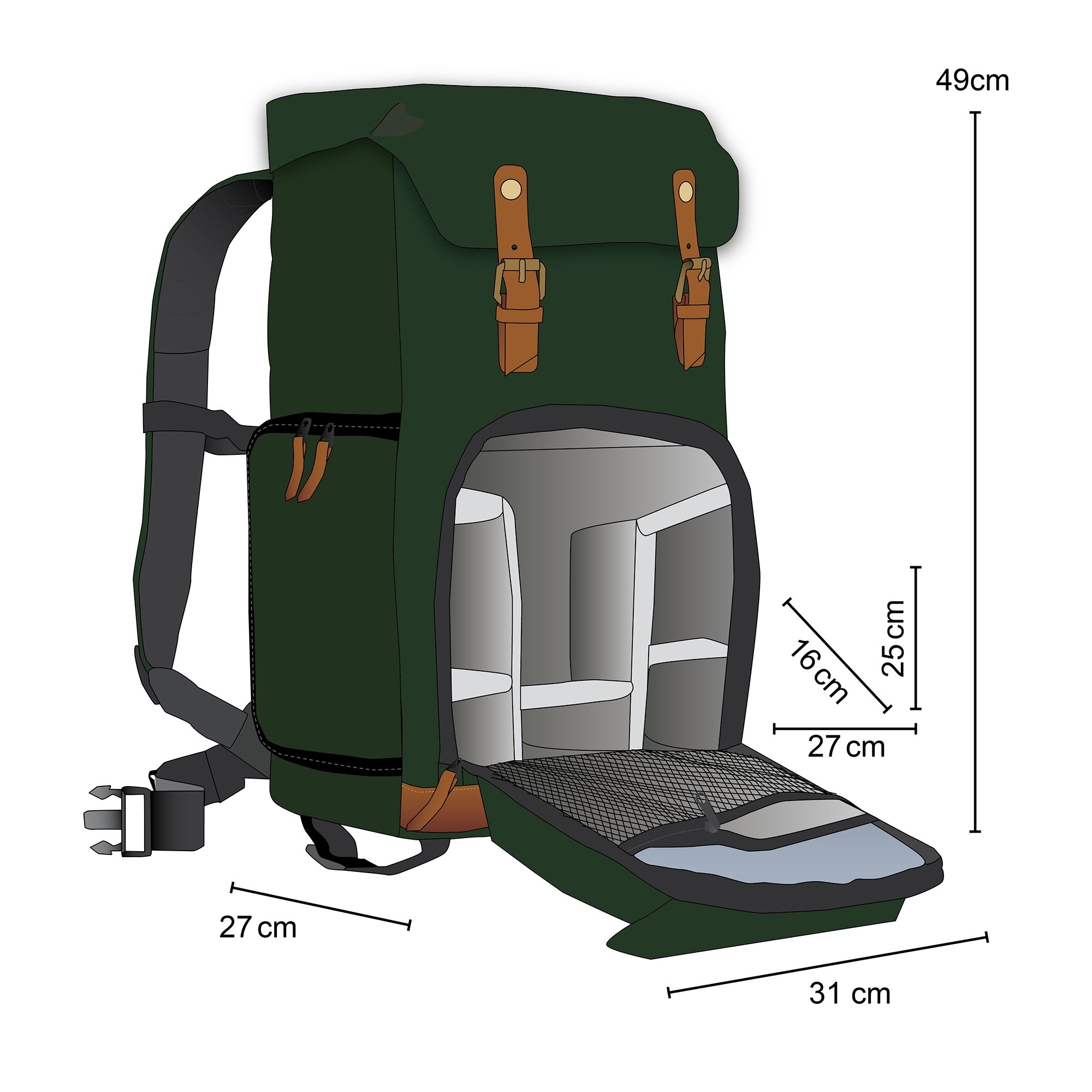 Mantona Luis Retro Zaino fotografico verde, per fotocamera con copertura antipioggia, borsa fotografica con scomparto per laptop, DSLR, 3 obiettivi e accessori fotografici