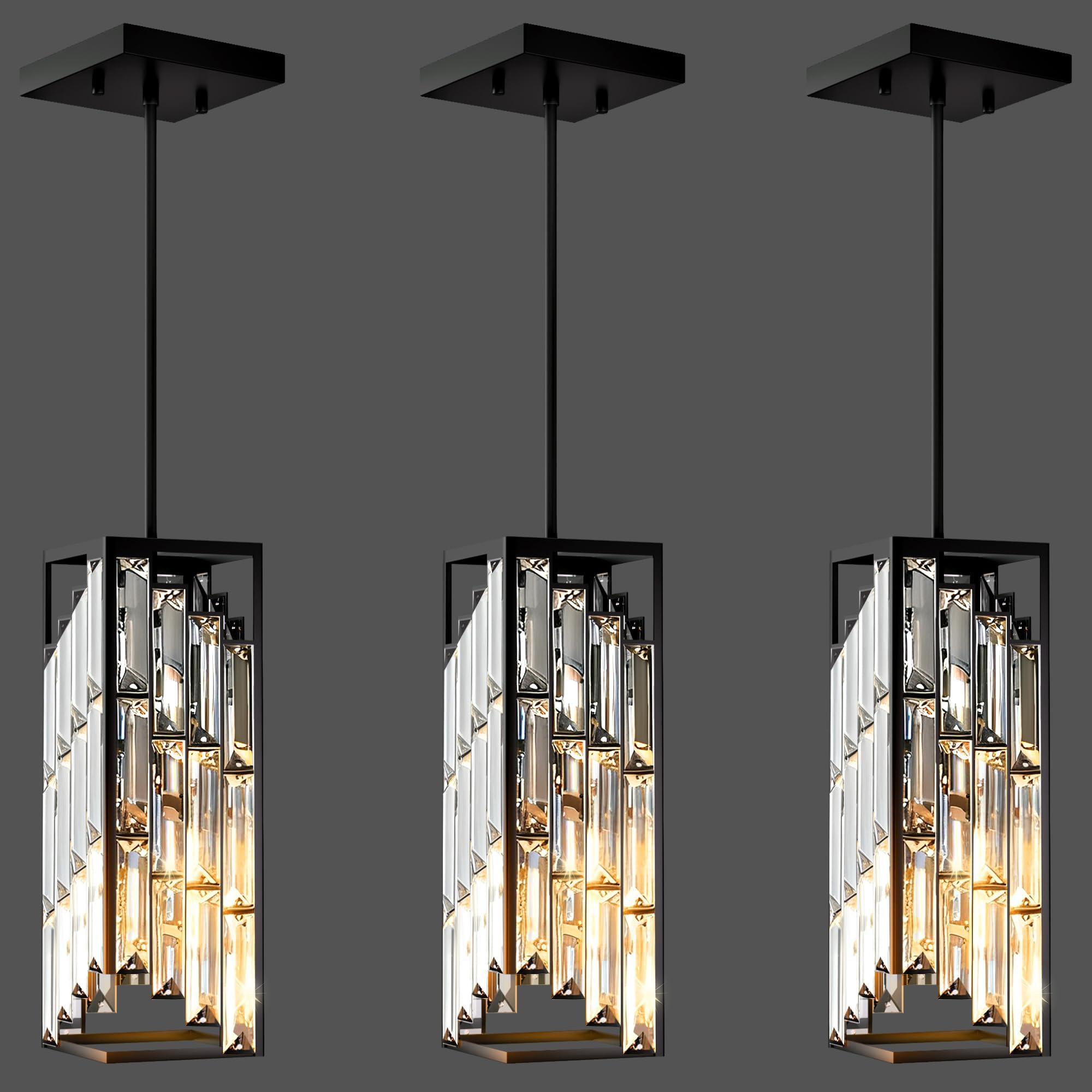 Black Pendant Lights Kitchen Island 3 Pack Mini Crystal Chandeliers Modern Pendant Lights Ceiling Lighting Fixtures for Kitchen