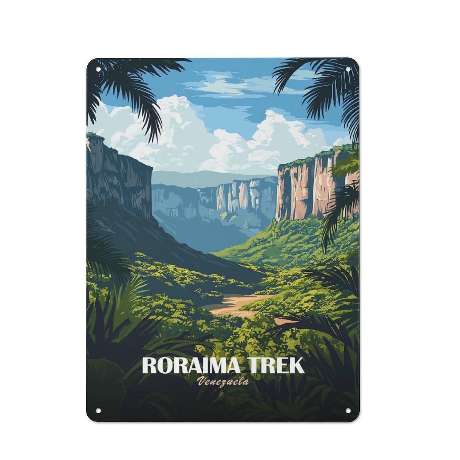 Junmoney Style-20 Roraima Trek Venezuela Landscape Illustration Rustic Metal Plaque 40X30cm For Garage Or Workshop, For Kitchen, Dining Room And Home Bar Wall Decor