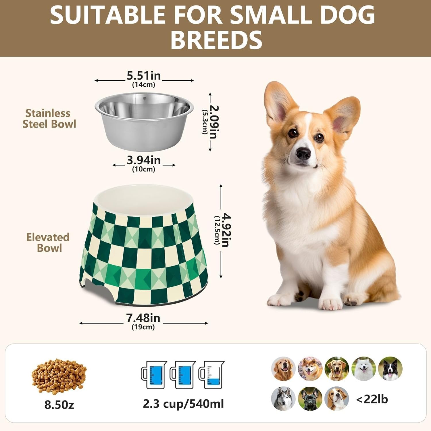 Gingham Jade Cream Bowl for Pets Non Skid Stainless Steel Pets Basic Bowls for Loving Pet Slow Down Eating