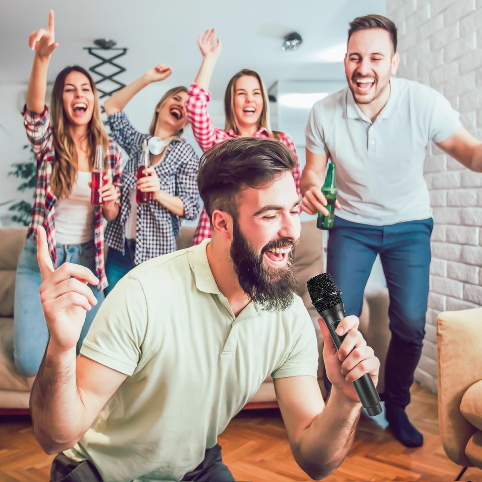 Set microfono senza fili, doppio microfono, microfono a mano, ricaricabile, dinamico con ricevitore, portata di ricezione 20 m, microfono karaoke, microfono per palcoscenico, conferenza, KTV a casa