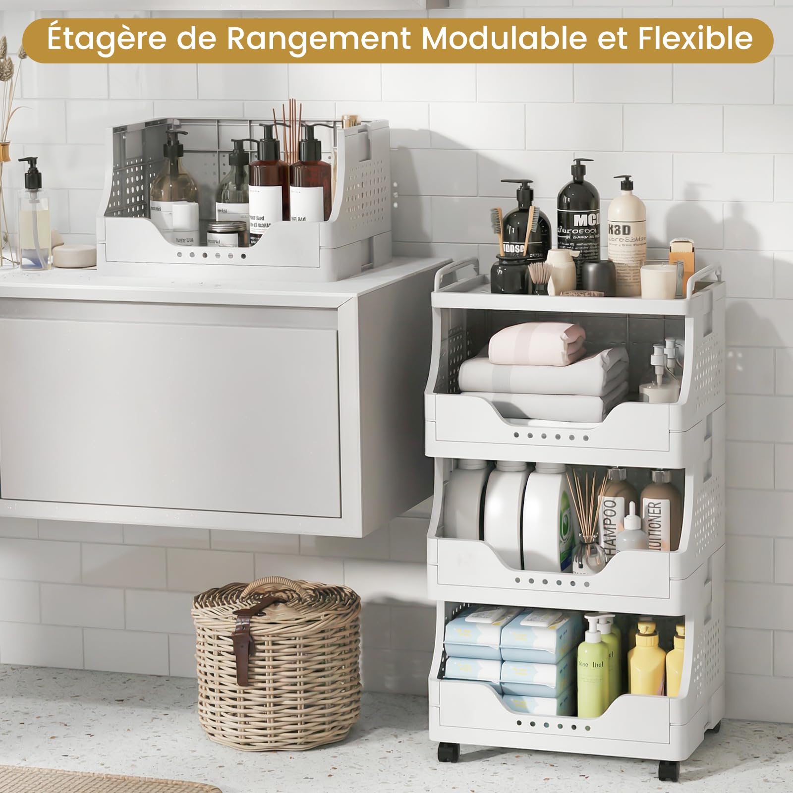 DEANIC Chariot de Rangement Pliable à roulettes, 4 Niveaux, desserte Mobile avec Plateau supérieur, Chariot de Salle de Bain avec poignées, pour Cuisine, buanderie, Rangement Maison (Blanc)