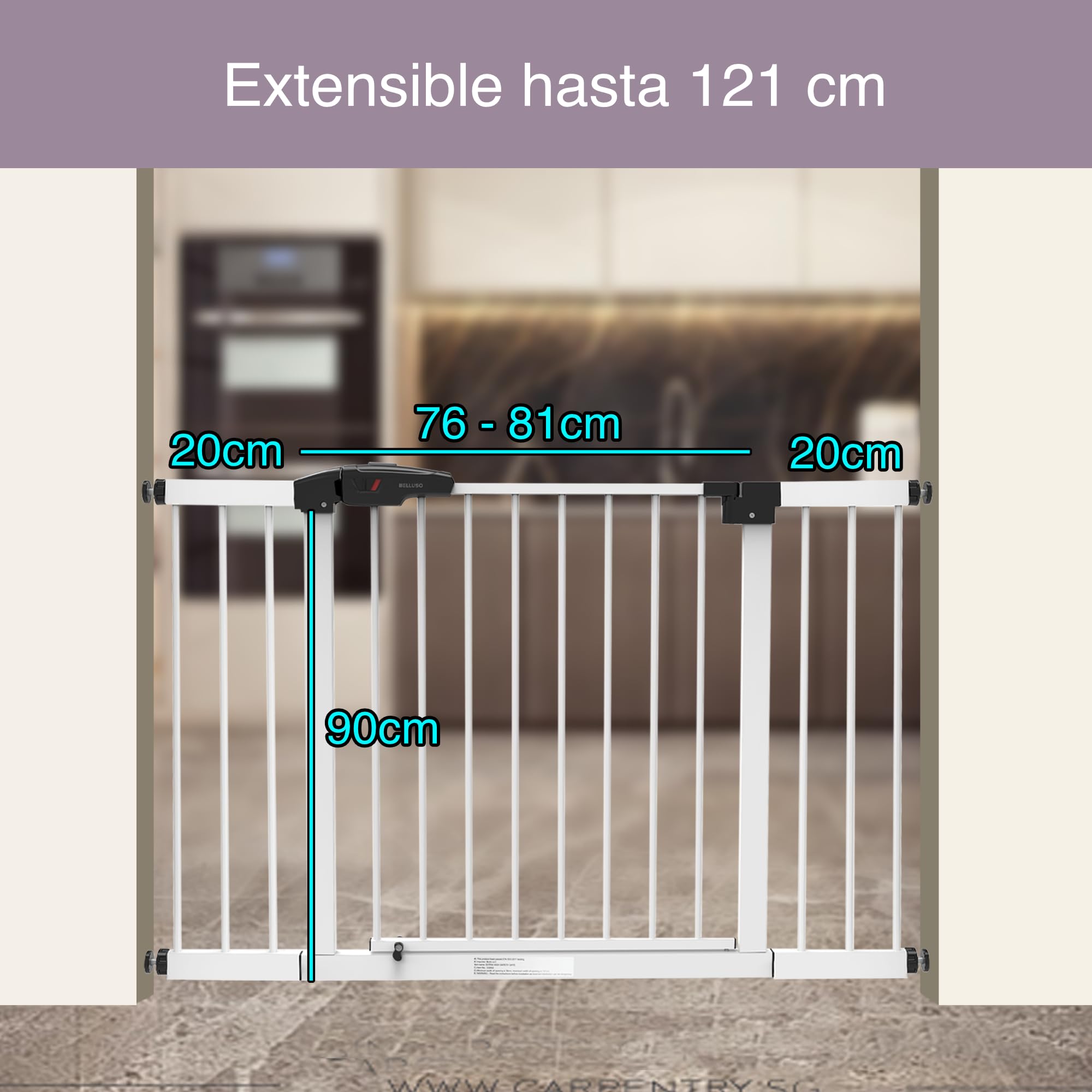 Barrera Seguridad Extra Alta (90cm) y Extensible (76-121cm) | Barrera para Perros y Pequeños de la Casa con Sistema Doble de Cierre Automático y Montada a Presion. Vallas para Perros para Varias Areas