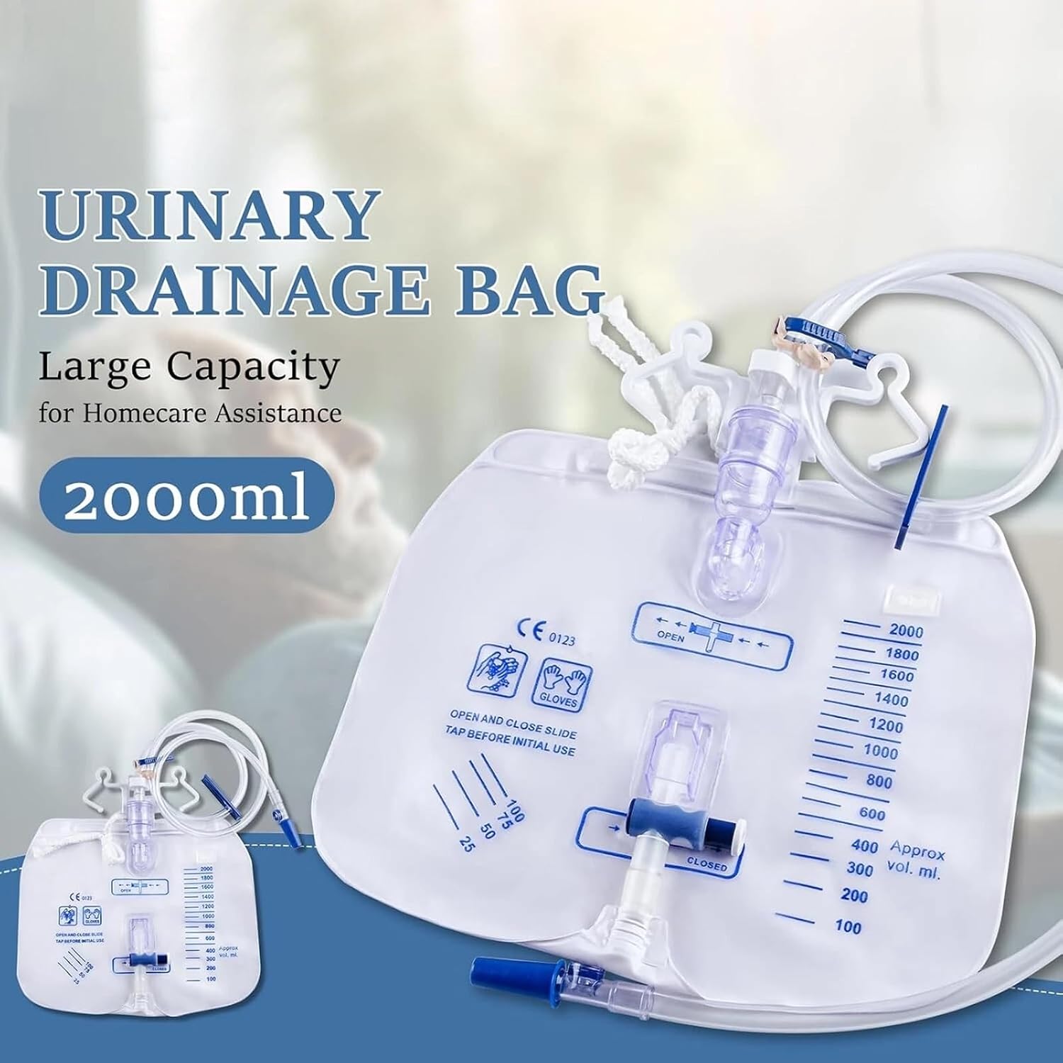 2000ml Urine Drainage Bag, Leak-Proof and Reflux-Proof Catheter Bag with 48-Inch Thickened Drainage Tube, Adjustable Clip and Hook, Suitable for Men and Women (5 Pack)