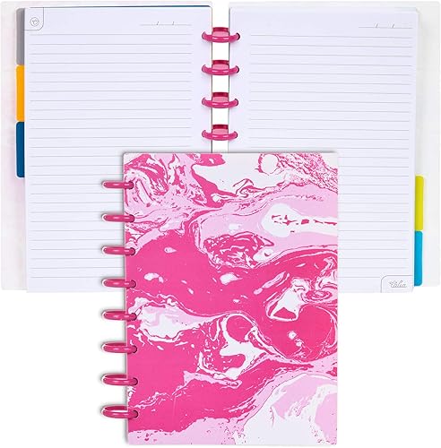 Talia - Cuadernos de notas con tapas, planificador, personalizables, (Marble Flow rosa con discos rosa de los 90, Junior (5.5 pulgadas x 8.5