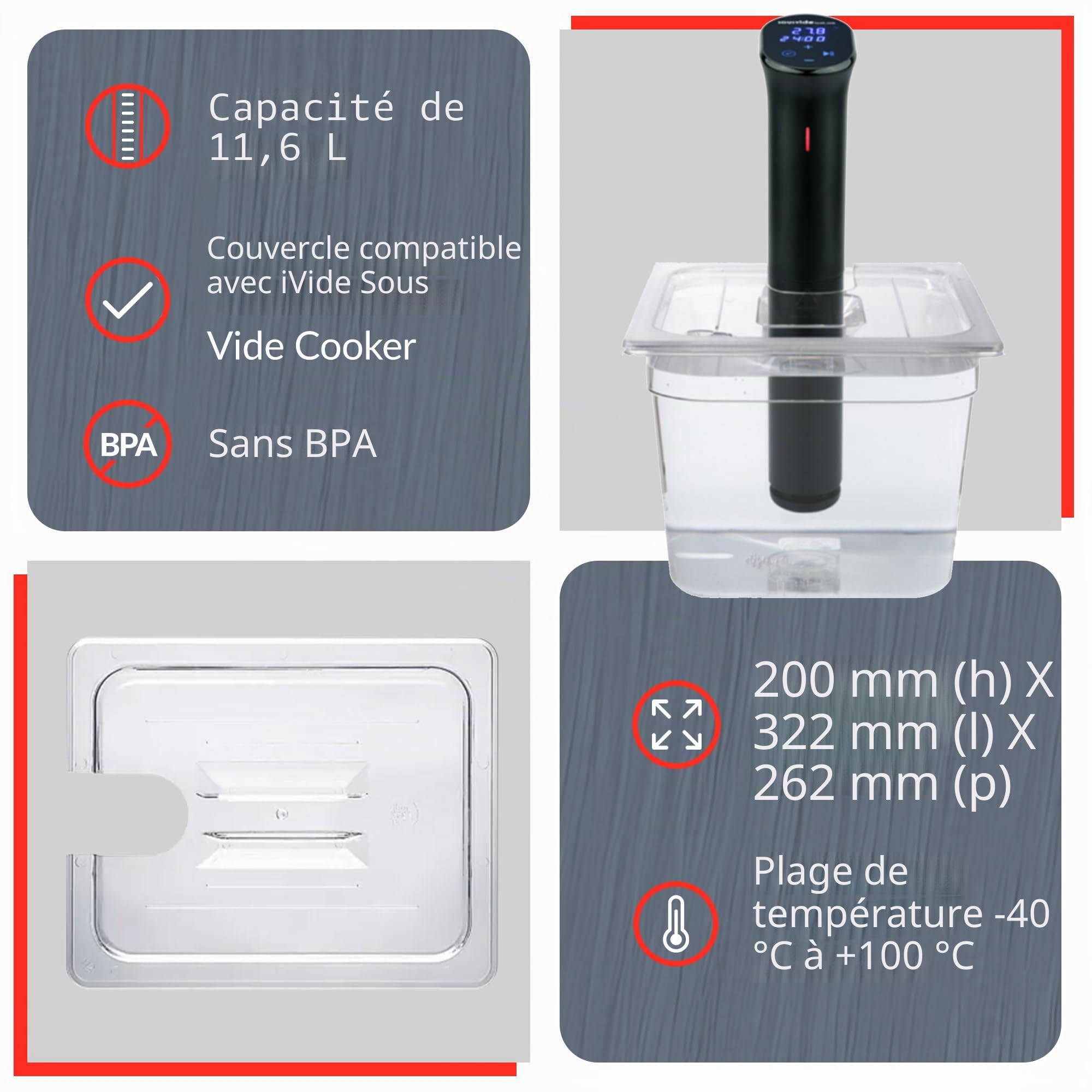 SousVideTools Récipient Transparent en Polycarbonate avec Couvercle Découpé sur Mesure pour Cuiseur sous Vide Anova sans Bpa, Antiadhésif, Passe au Lave-Vaisselle 11,6 l