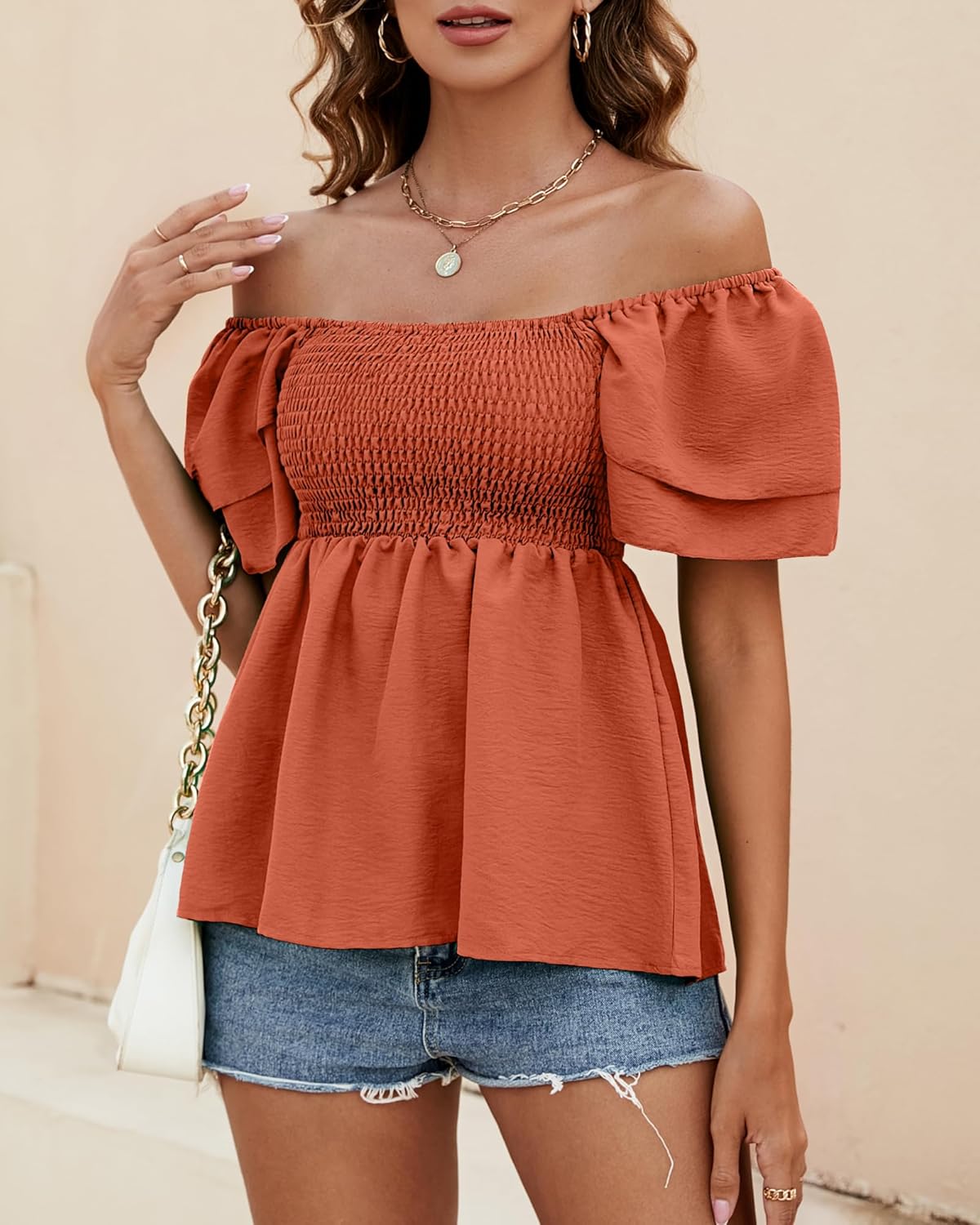 Women's Summer Peplum Tops Square Neck Ruffle Trim Short Sleeve Blouse Smocked Top Dressy Casual Shirts Light Orange - Image 5