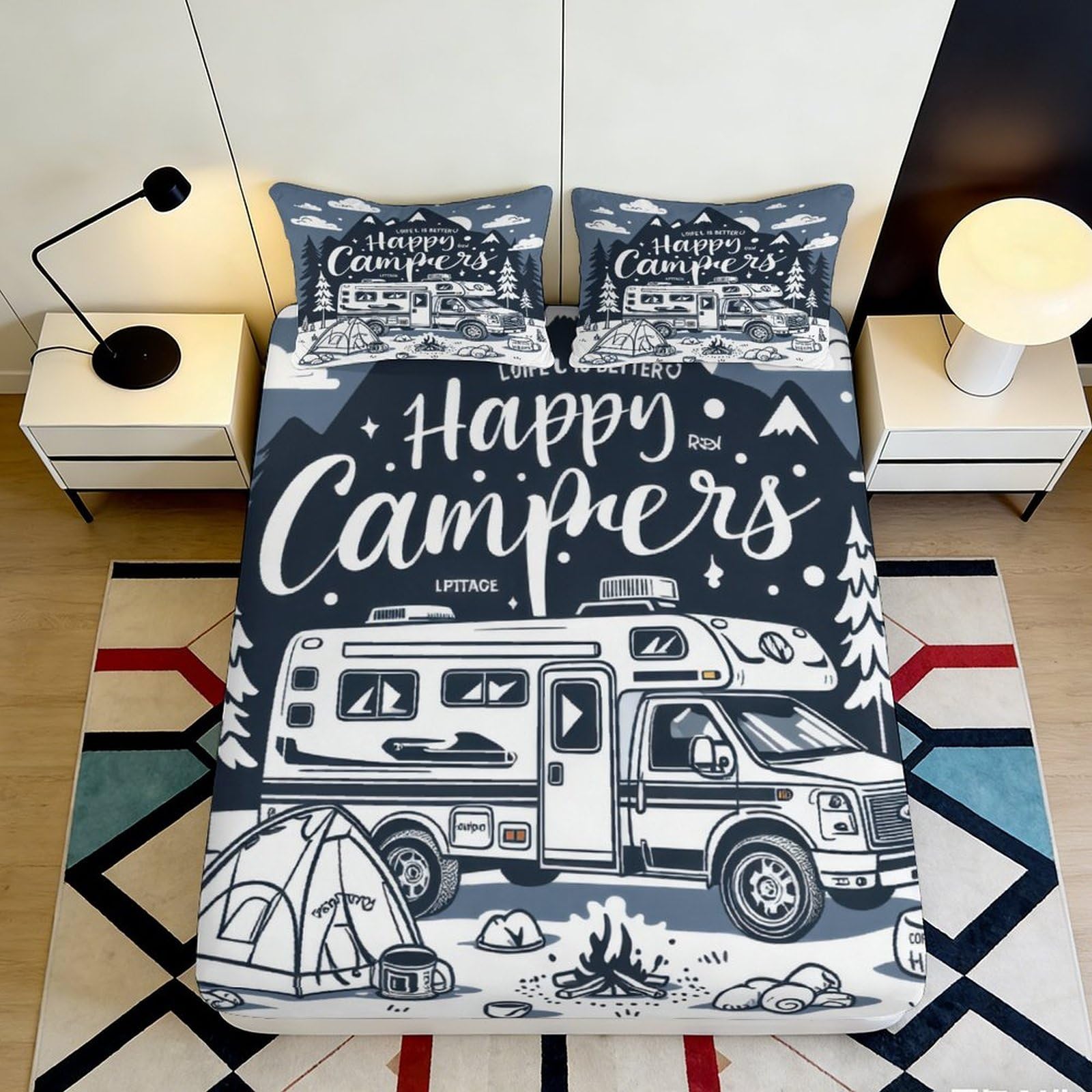 3D Printed Camper Van Adventure Fitted Sheet Microfiber Soft Anti-Slip Forest Tent Bed Cover for Bedroom Guest Room 120x200x25cm