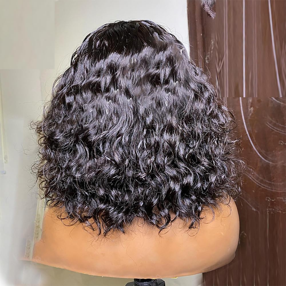 Natural Black Curly Bob Wig With Bangs 13X4 HD Lace Front Wig With Baby Hair Water Wave Pre Plucked Virgin Human Hair Glueless Brazilian Remy 150% Density For Black Women 8 Inches