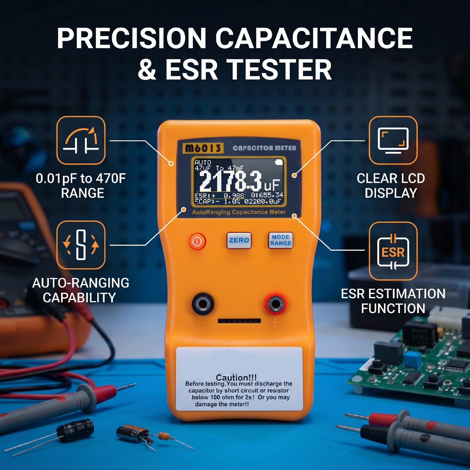 Rosvola Misuratore di capacità da 0,01 PF a 470 F con Tester Digitale con Range Automatico Clip di Test SMD per Riparazioni HVAC e Diagnostica di Apparecchi