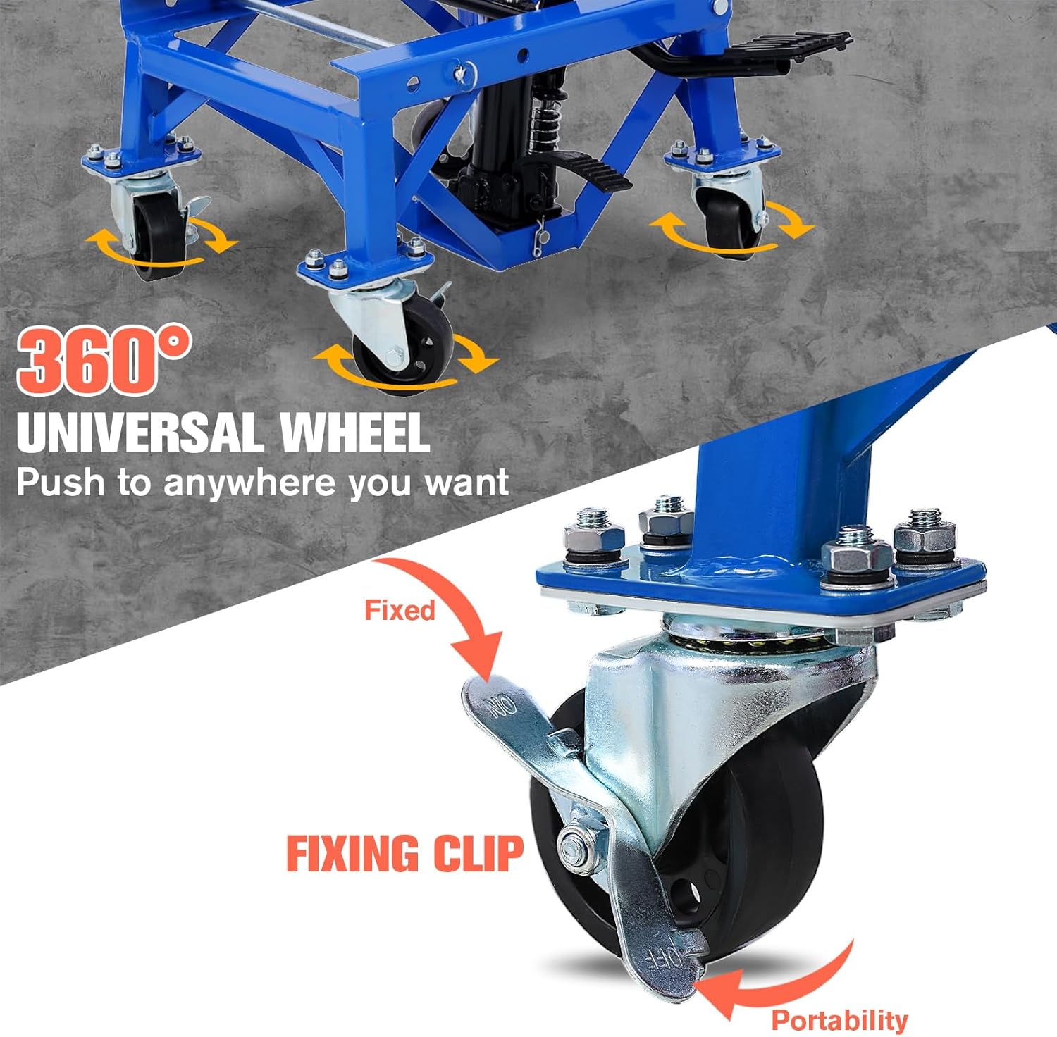 300 lbs Hydraulic Motorcycle Scissor Jack Lift Foot Step Wheels with Footstep Lever, Lift Table with 4 Wheels, Raises Bikes from 13.4" to 36.2", for Small Dirt Bikes, Blue