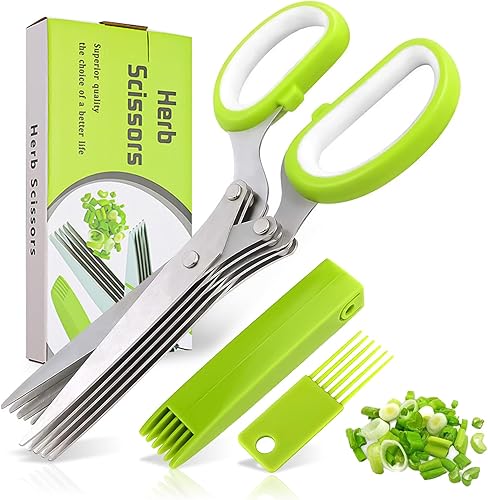 Tijeras de hierbas, tijeras de cocina, tijeras de hierbas con 5 cuchillas y cubierta, accesorio de cocina afilado apto para lavavajillas para cortar