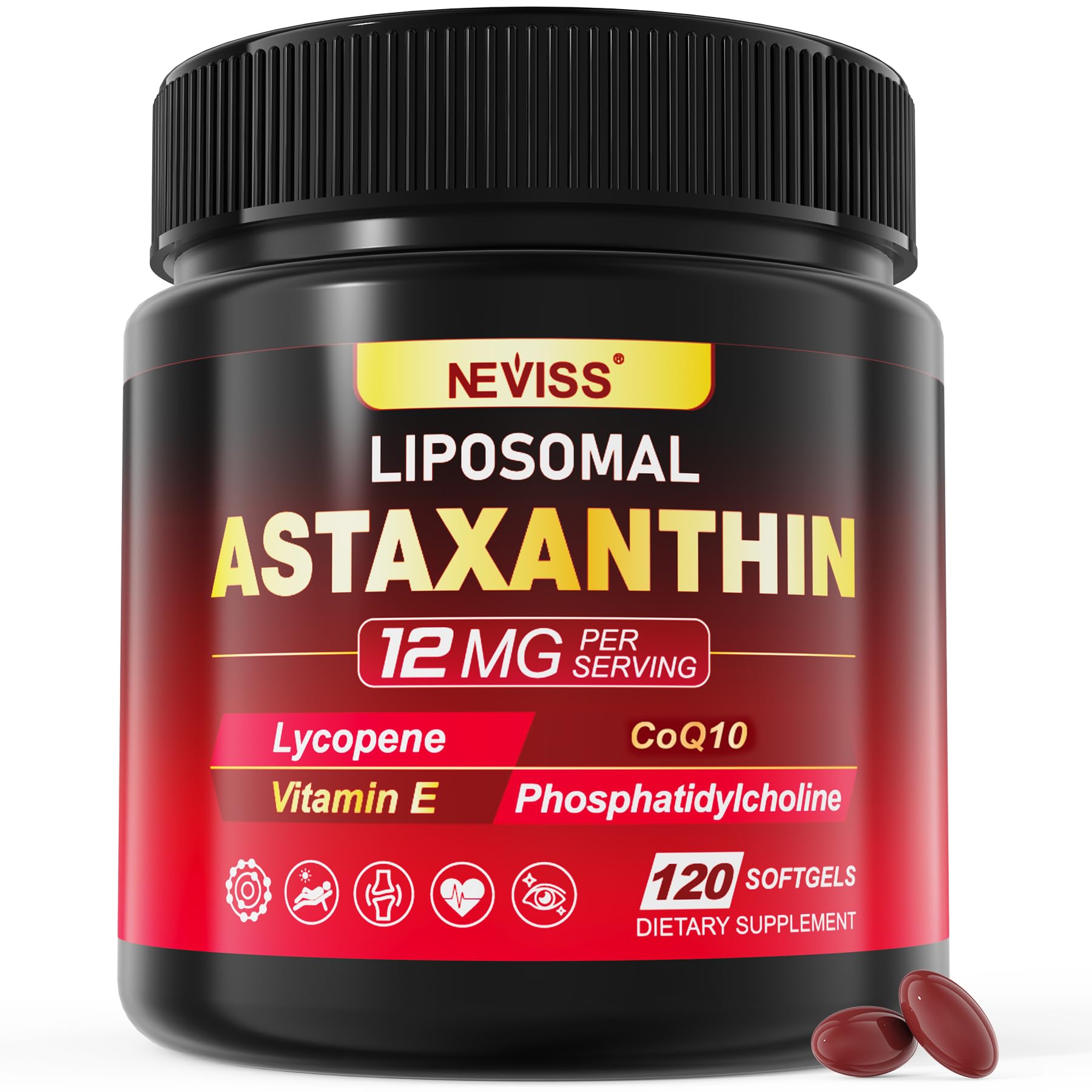 Liposomal Astaxanthin Supplements 12mg Lycopene, CoQ10, Lutein, Coconut Oil