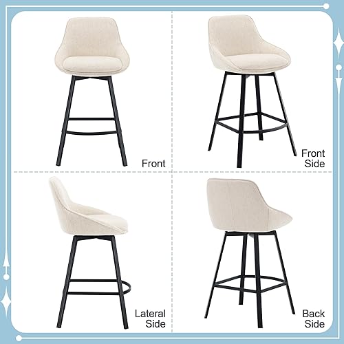 Miniatura 9 de Flouki Juego de 2 taburetes giratorios para mostrador, taburetes de bar tapizados para isla de cocina, sillas de bar modernas de tela de lino, base