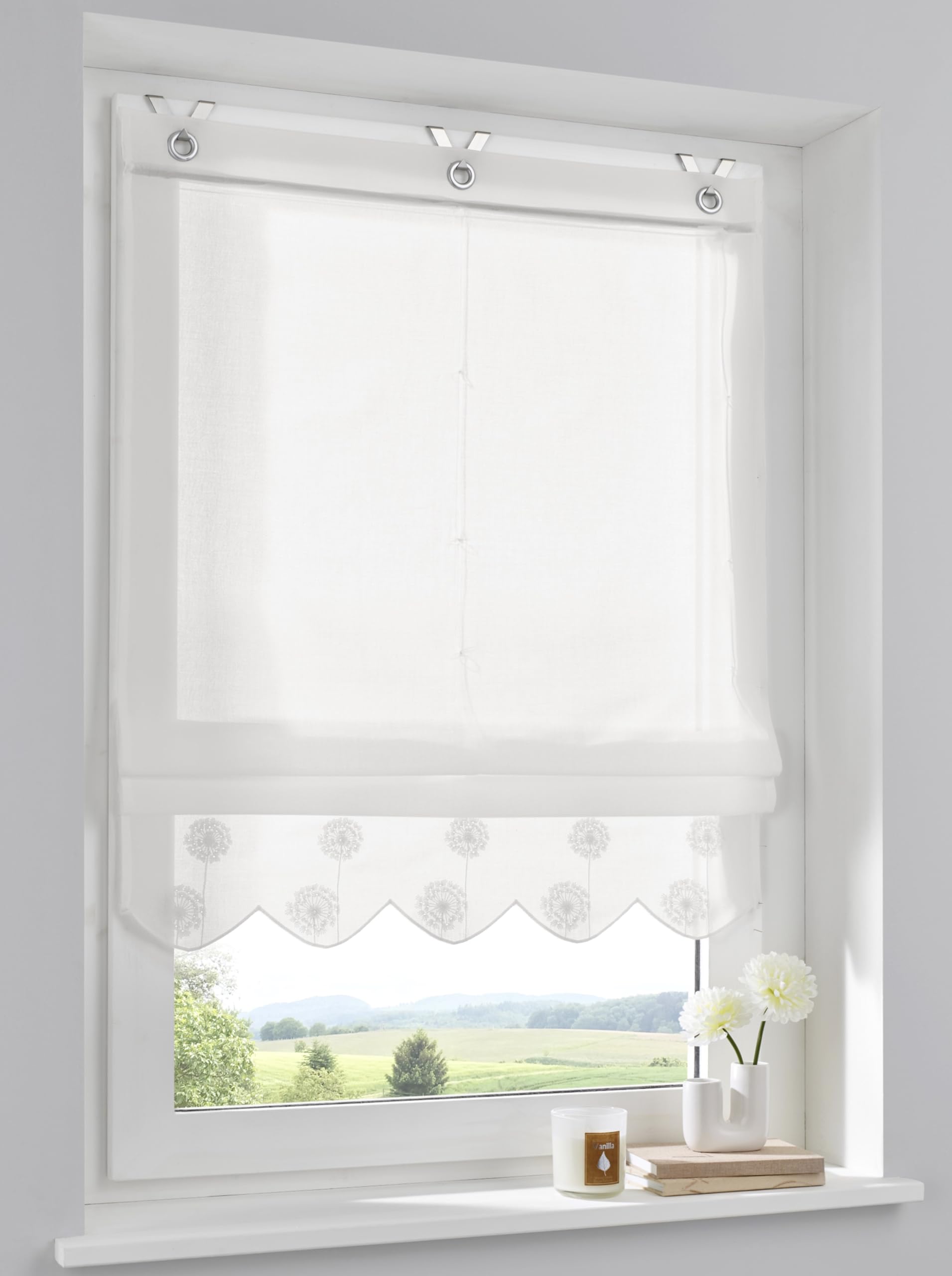 Elly Roleta rzymska z haftowaną falbanką, półprzezroczysta, z oczkami z zawieszeniem na haczykach, bez wiercenia, szerokość 100 cm x wysokość 130 cm