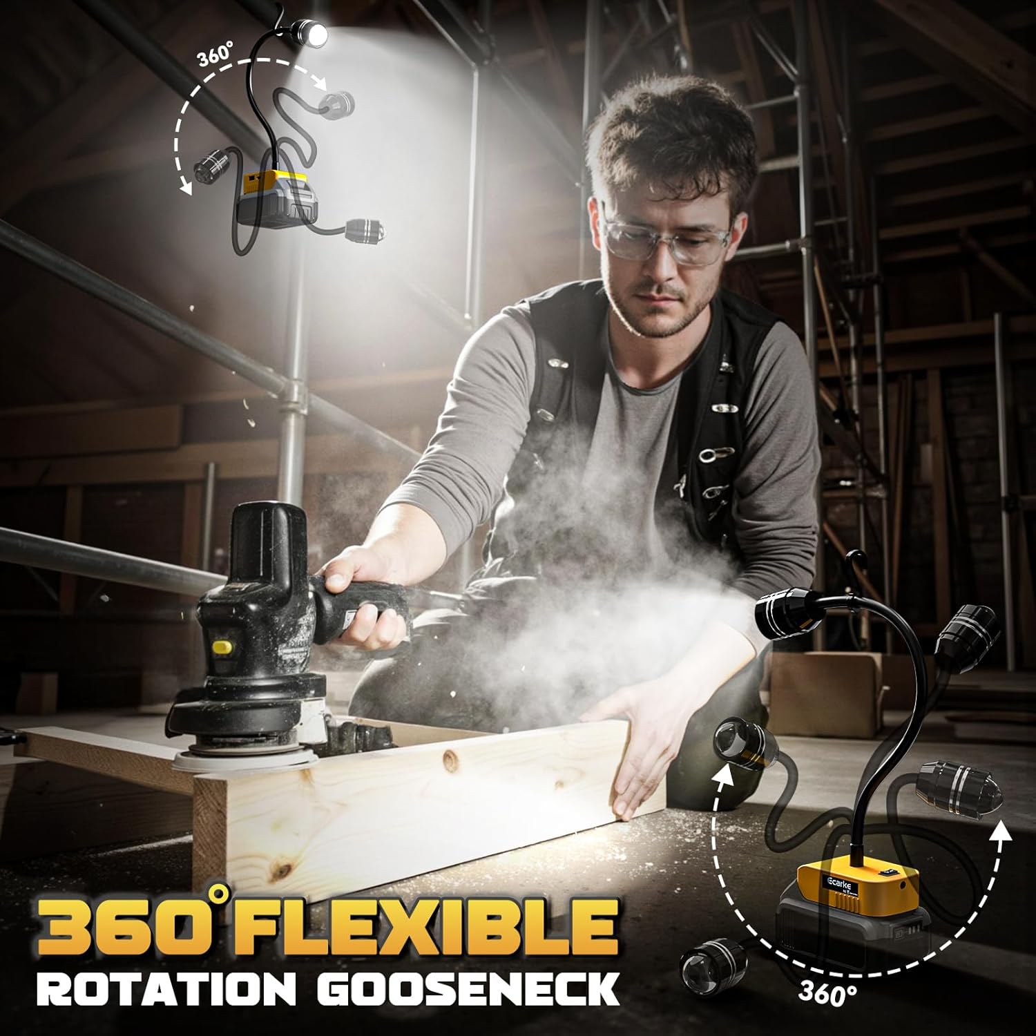 Ecarke LED Work Light with Flexible Gooseneck Compatible with DeWALT 20V Battery: 20W 2000LM LED Light Flood Light, Zoomable Led Flashlight, with USB & Type-C Charging Port (2PCS)