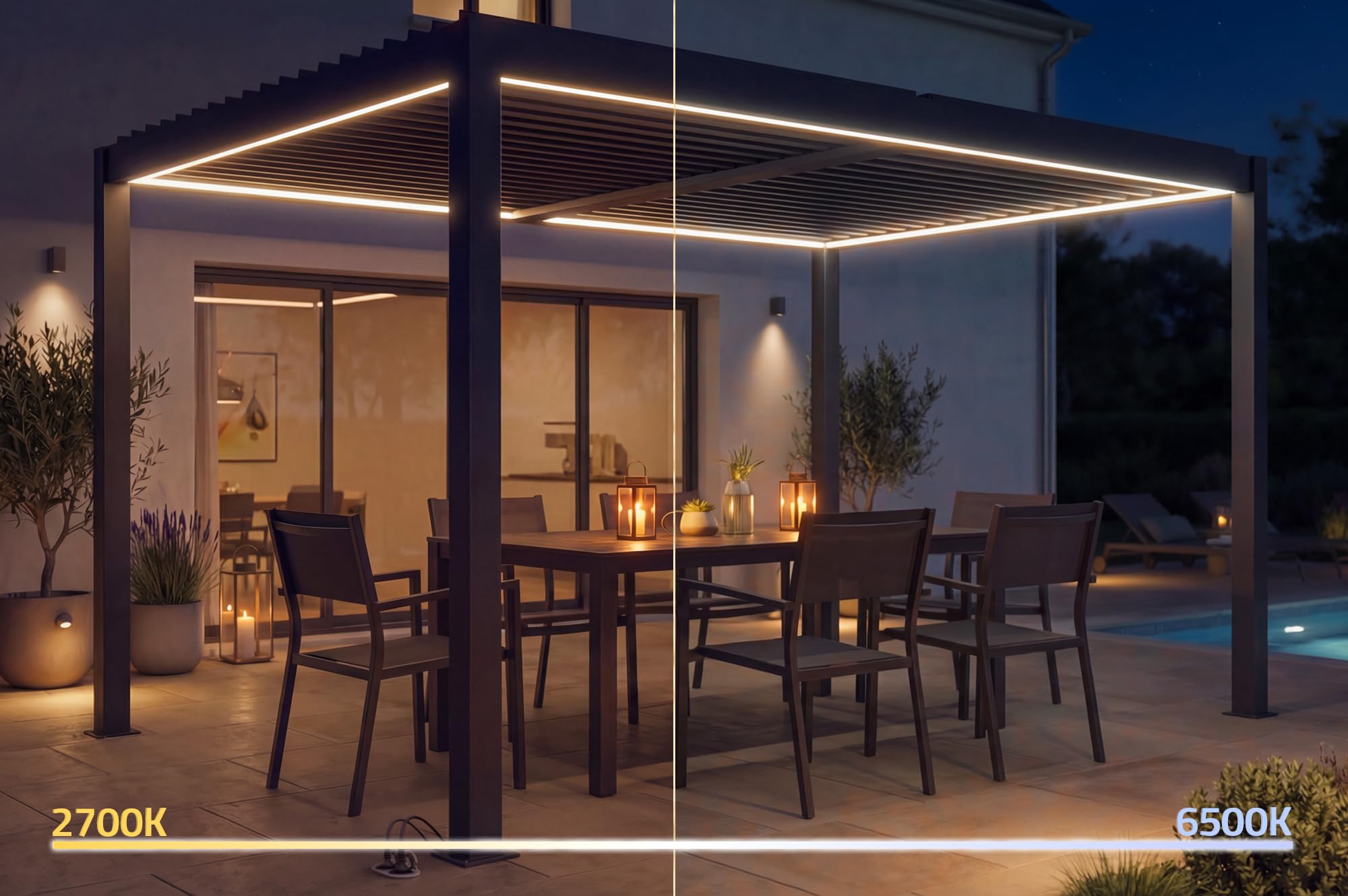 Cazeboo Pergola bioclimatique motorisée 4x3m autoportée AGOSTA Aluminium Gris avec Stores rétractables côté 3m