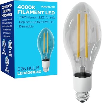 KASTLITE Vintage Filament LED Edison Bulb, 4000K Cool White, 28W, E26 Base | LED-8061E40 Old World Style Dimmable 28W, 150W HID Equivalent, Clear Glass, Decorative Retrofit, Incandescent Replacement