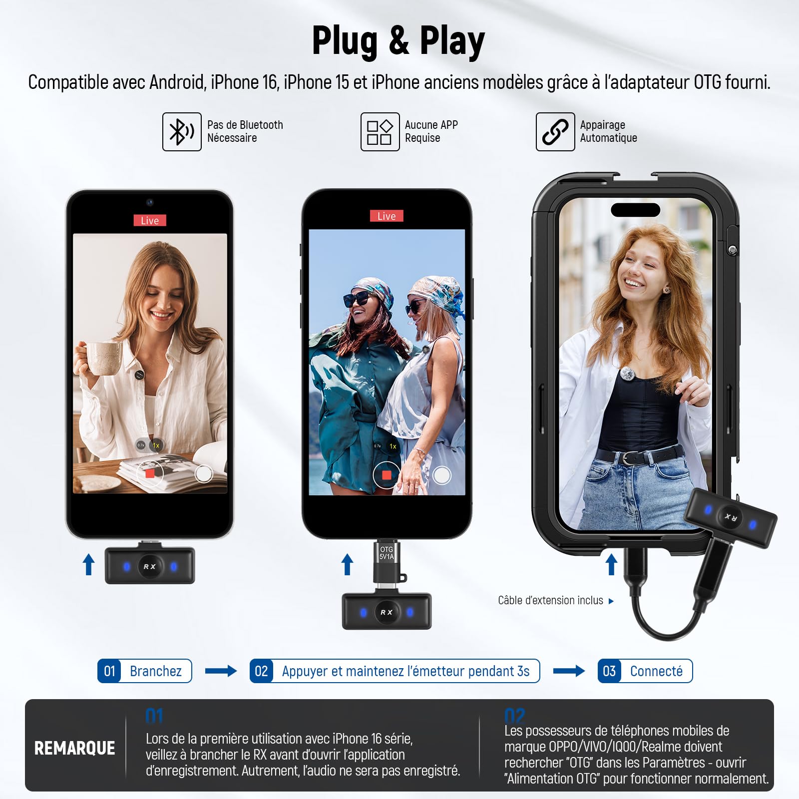 NEEWER Micro Lavalier sans Fil pour iPhone, Mini Micro Réduction Bruit avec USB C/OTG/Boîtier de Chargement Batterie 24H Vidéo Vlog Compatible avec iPhone 16 15 Téléphone Android PC Ordinateur, KM18