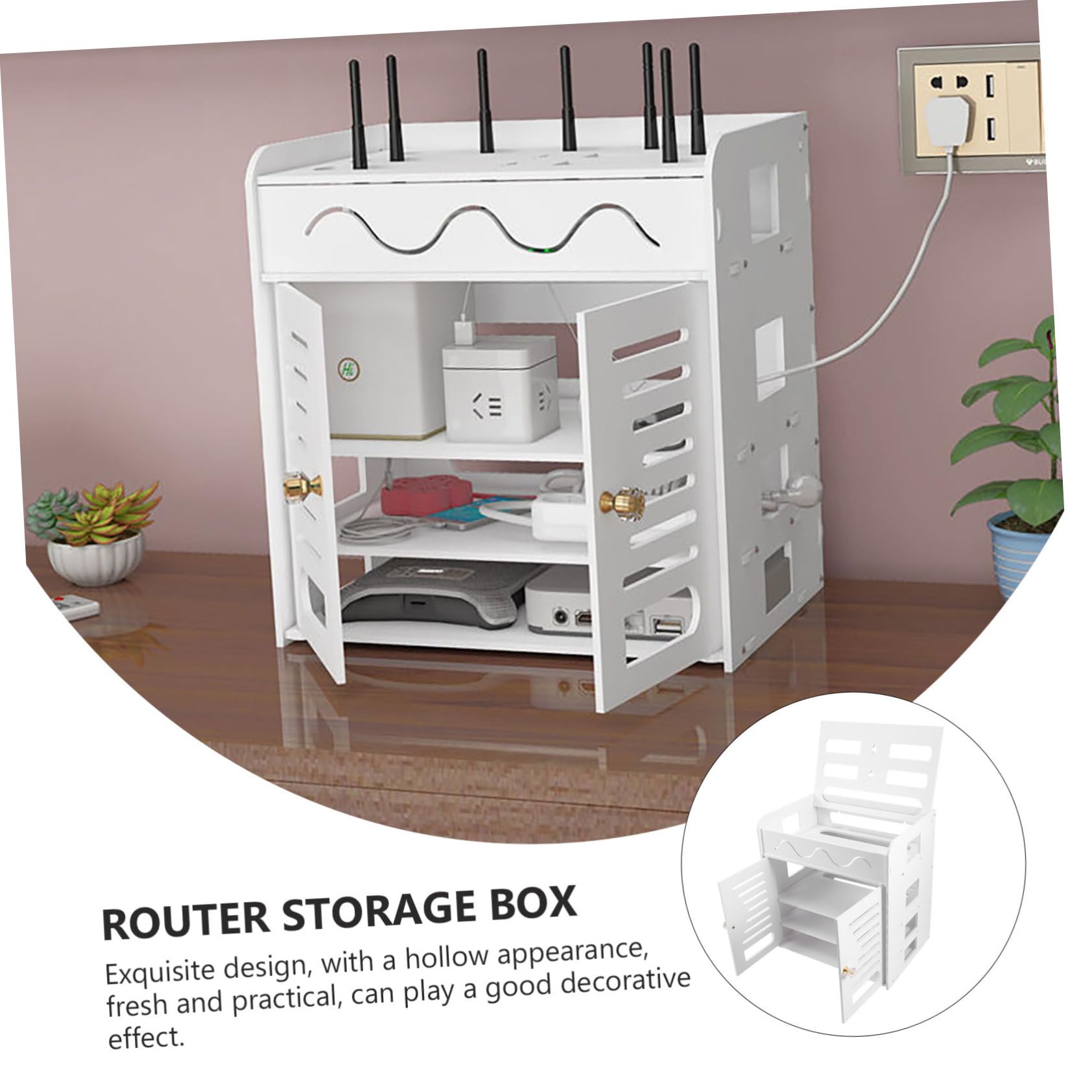 ULTECHNOVO Contenitore per Router a 4 Strati Doppia Porta in Plastica Scatola Organizer Cavi per Casa e Ufficio Supporto di Archiviazione senza Punzonatura per Gestione Cavi Elettrici