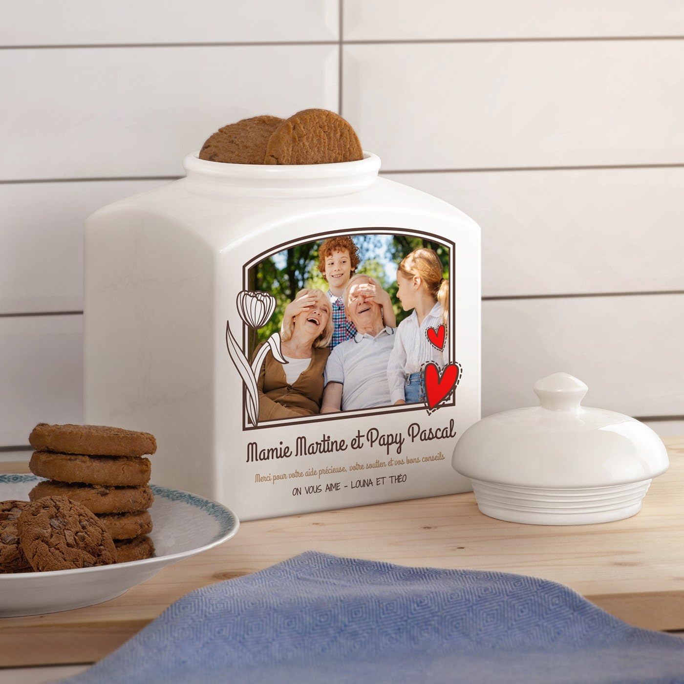 Maverton Pot en céramique personnalisé - Bocal à biscuits avec couvercle - pour couple - Rangement cuisine - pour parents - jeunes mariés - mariage - noces - anniversaire - avec photo de famille