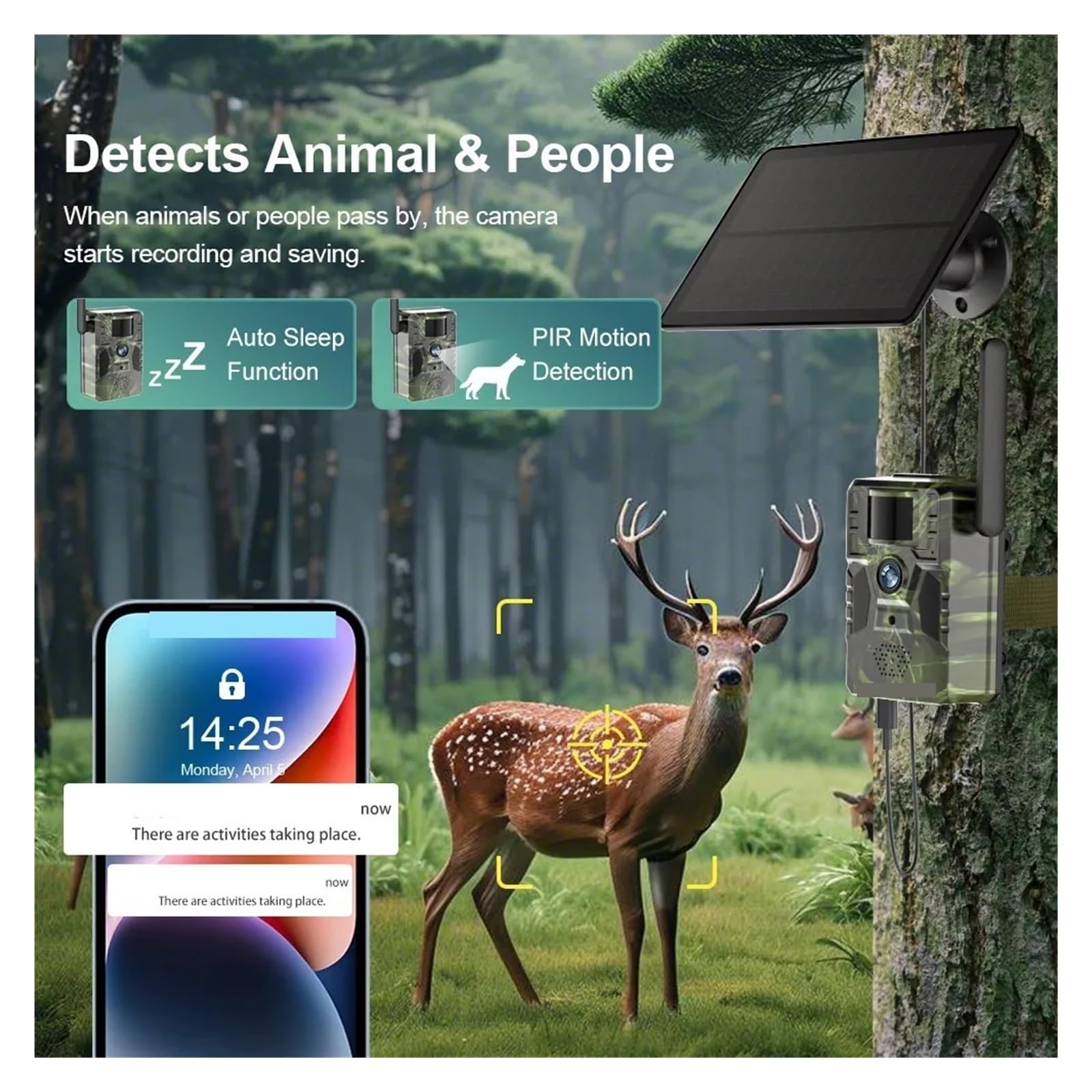 Cámara Vida Silvestre Cámara De Rastreo Solar 2K 4G, Detección Movimiento PIR 12MP, GPS Integrado, Visión Nocturna IR 15M, Cámaras Impermeables IP66 For Vida Silvestre(4G Camera Add 32G)