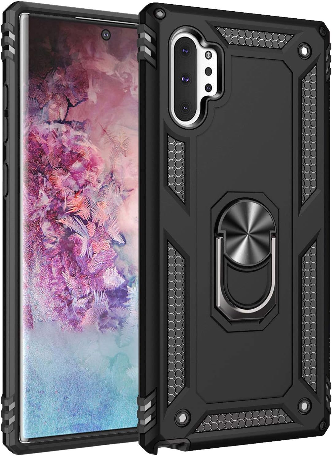Military Grade Drop Impact for Samsung Galaxy Note 10 Plus Case 5G Metal Rotating Ring Kickstand Holder Magnetic Car Mount Armor Shockproof for Galaxy Note 10+ Plus Phone Case Black