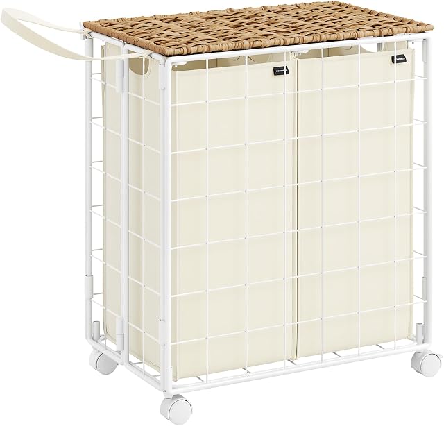 SONGMICS Kosz na pranie 110 l, kosz na pranie z rolkami, wyjmowany worek na pranie, 2 worki wewnętrzne, wózek na pranie z pokrywką, 57 x 33 x 65 cm, do pralni, kolor naturalny beżowo-kremowo-biały,
