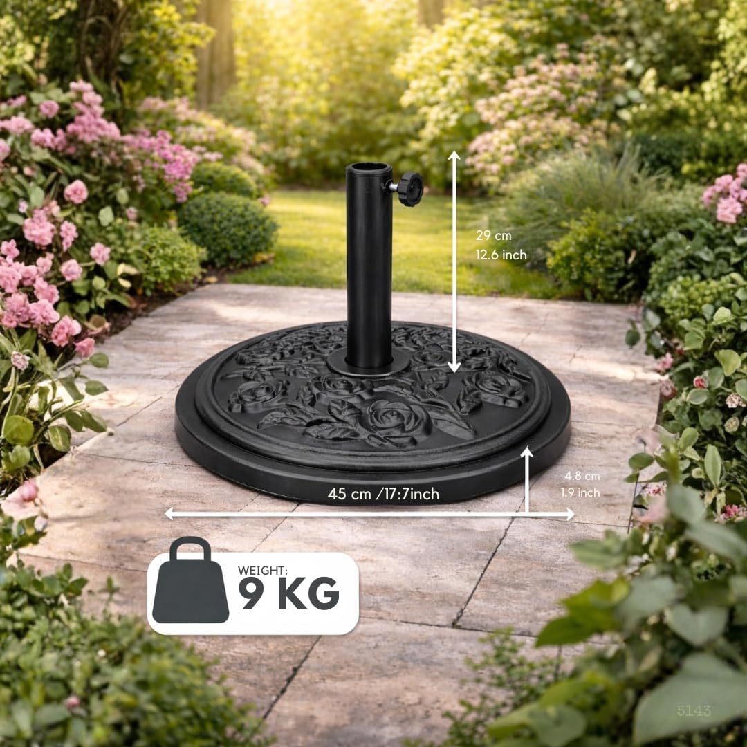 Anikees Heavy Duty Parasol Base 9kg – Cast Iron Garden Umbrella Stand with Decorative Floral Pattern, Bronze Finish for Patio, Deck & Outdoor Canopies — view 2