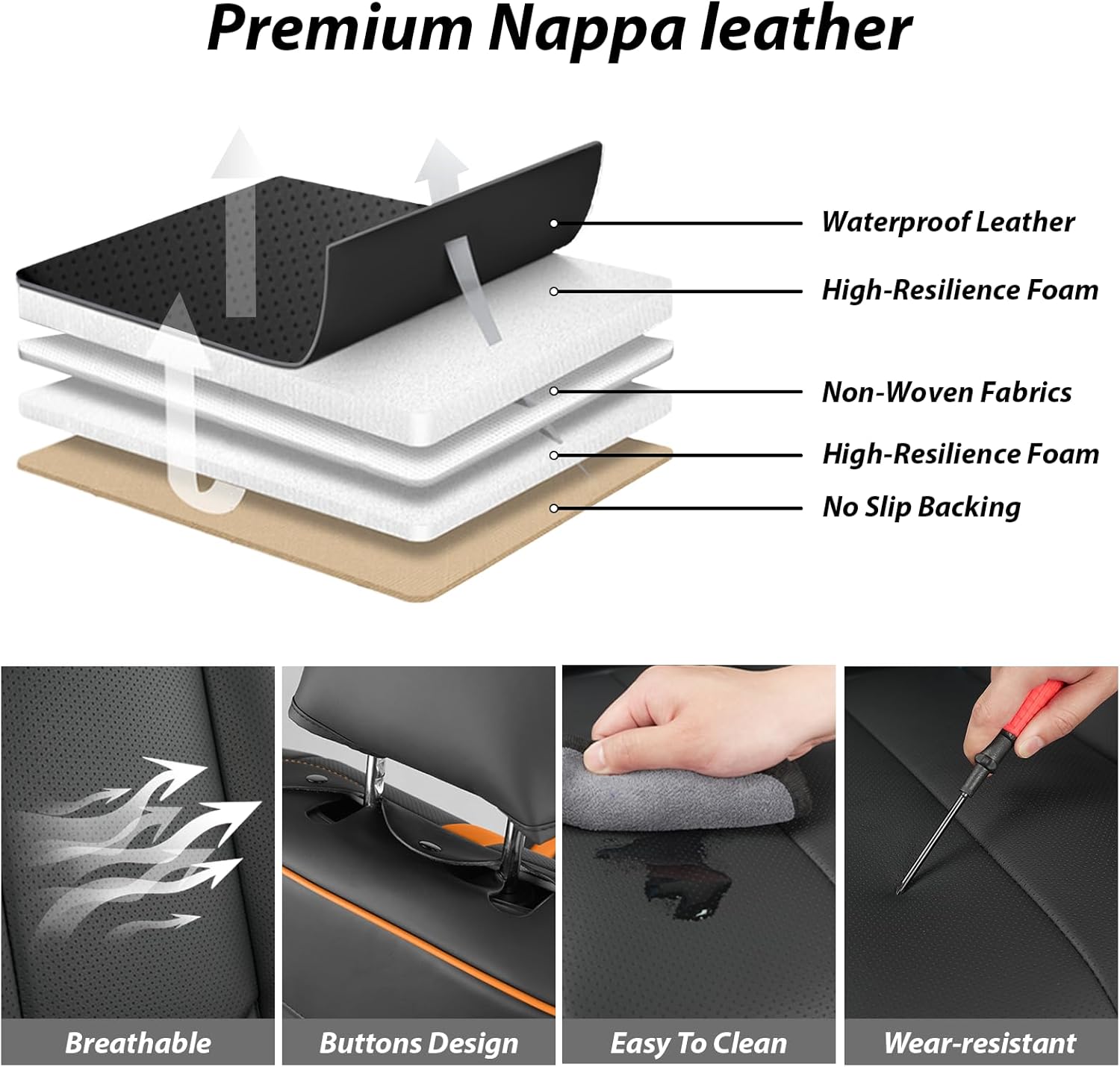 Car Seat Covers for Dodge Ram 1500 2002-2025, Full Coverage,Nappa Leather Seat Covers with Lumbar Support,Waterproof&Anti Scratch All Season Protector(Front Set,Black-Orange)