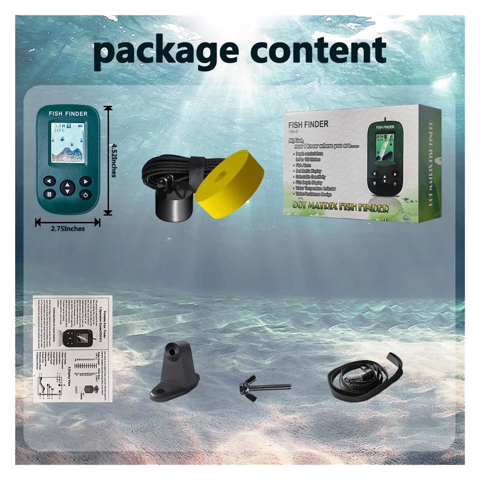New smart portable Sonar Fish Finders Fishing lure Echo Sounder Finder Alarm Transducer Lake Sea Fishing(green)