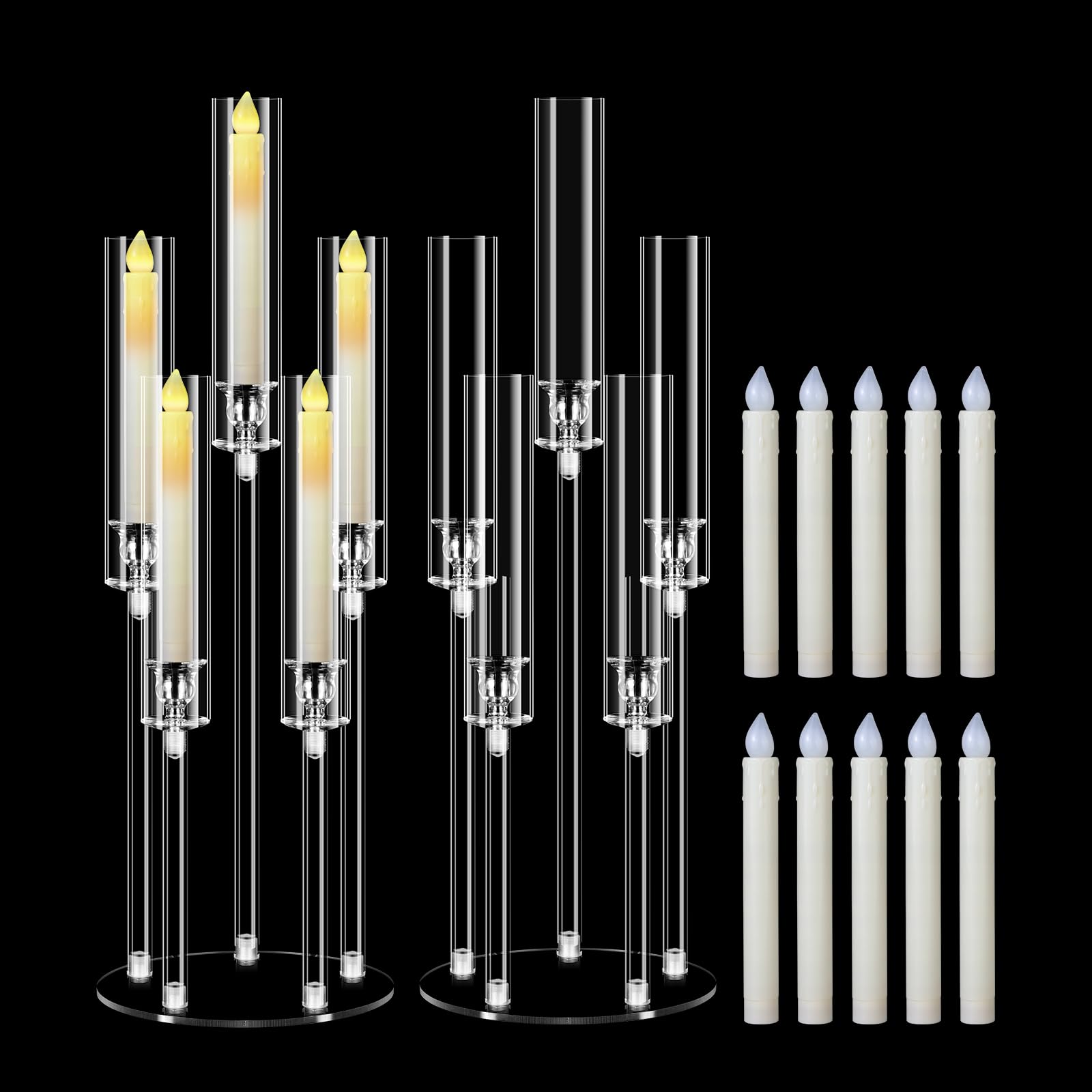2 Sets Candle Holders 5 Arm with Candles for Tables, MSDADA 68 cm Tall Acrylic Candelabra, Clear Candlesticks Holder for Wedding Fireplace Party Decor Christmas Centerpieces