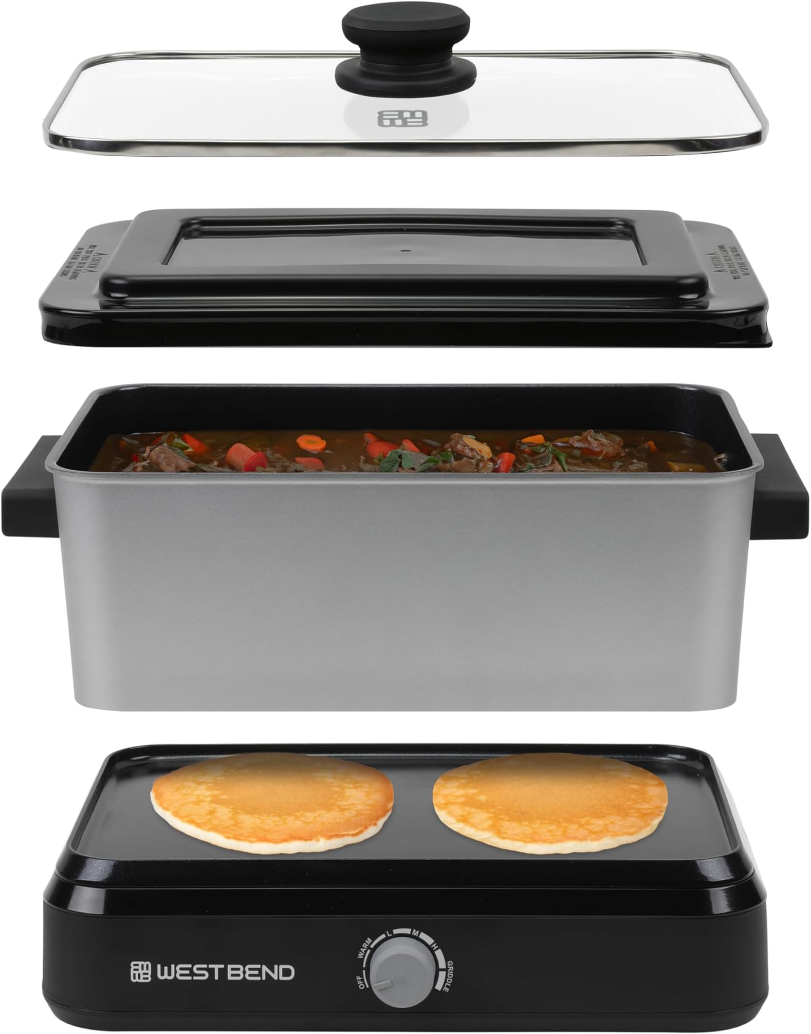 West Bend Versatility Slow Cooker Large Capacity Non-stick Cooking Vessel & Variable Temperature Heating Base Includes Travel Lid and Storage Bag, Range and Oven-Safe Cooking Pot, 5-Quart, Silver