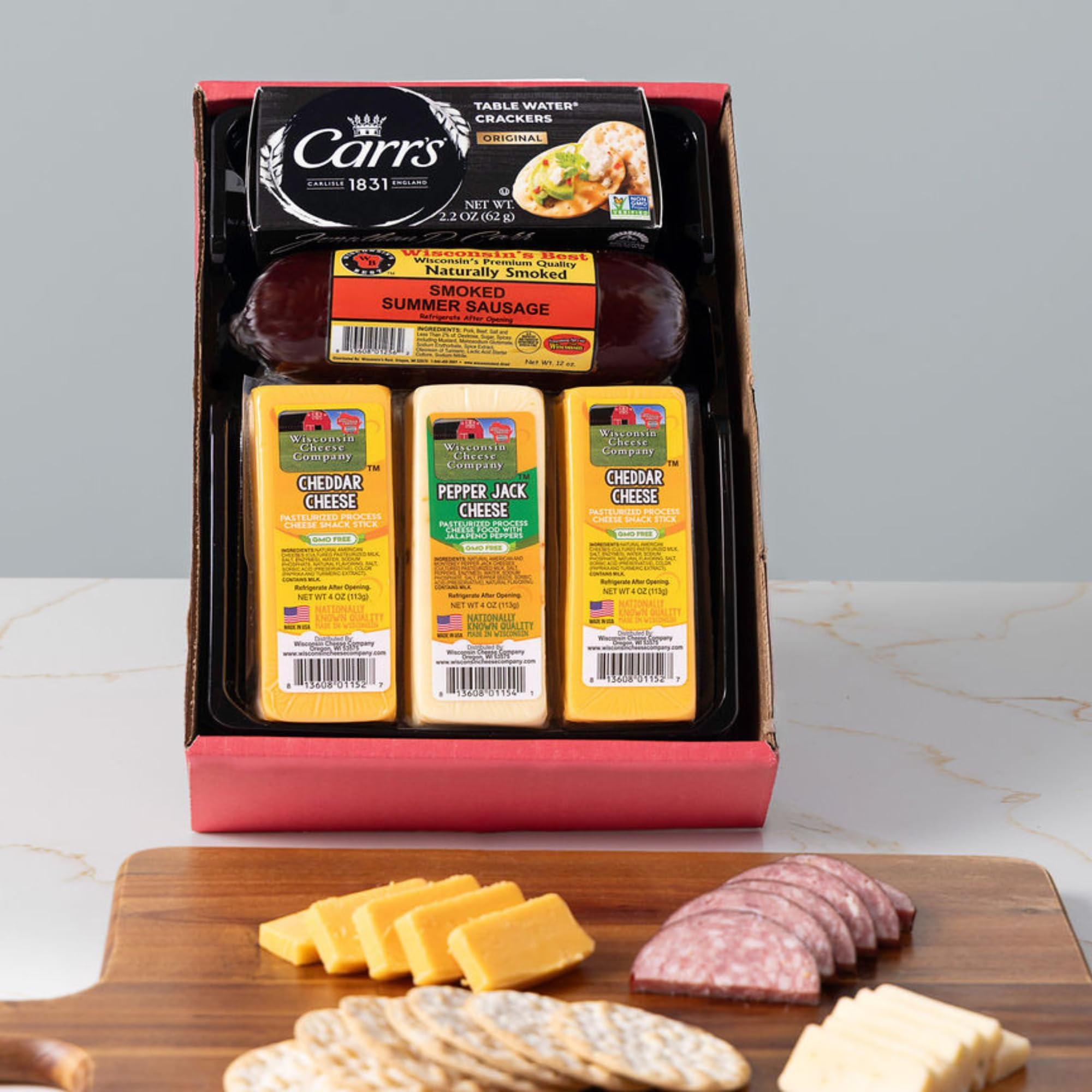 Wisconsin Cheese Company - Classic Wisconsin Cheese & Sausage Gift Box - 100% Wisconsin Cheddar & Pepper Jack Cheese, Cracker and Sausage Gift Box | Perfect for Parties, Charcuterie Boards, and Holiday Gifts