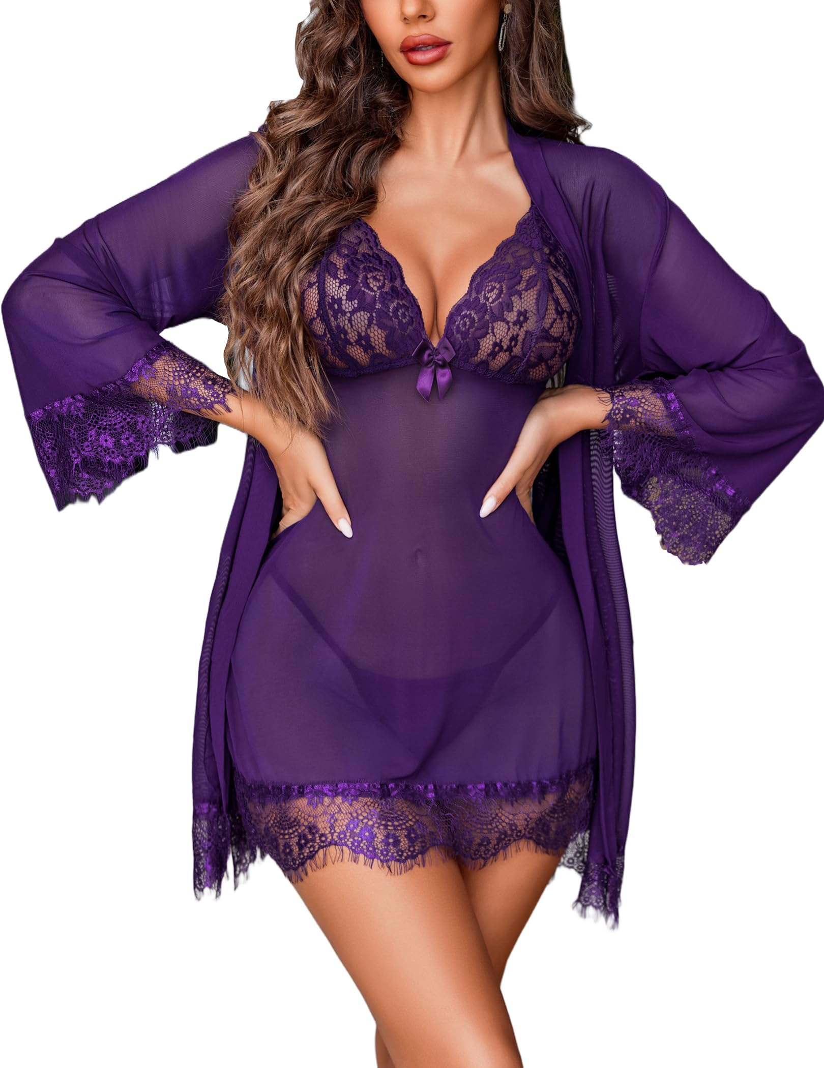 Avidlove Ensemble de Lingerie pour Femmes 3 Pièces Sexy Dentelle sous-vêtements Nuisette Lingerie Ensemble Peignoir en Résille Nuisette Kimono Jarretelles Lingerie Érotique Babydoll avec Culotte