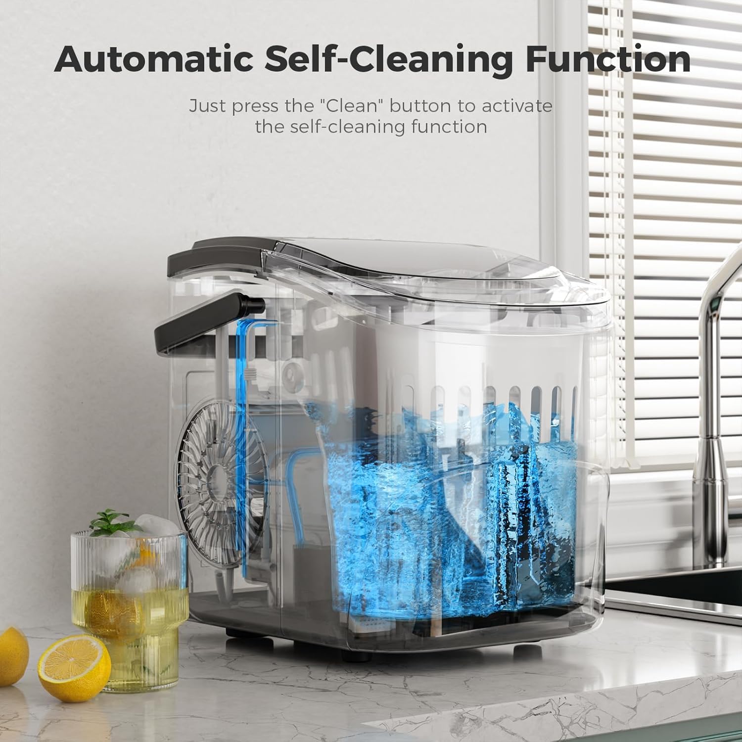 Crzoe Ice Makers Countertop With Carry Handle,26lbs/Day,9 Cubes Ready In 6 Mins,2 Sizes Of Bullet Ice,Self-Cleaning Function,Ideal For Home(Black) on Fridge.com - View 4
