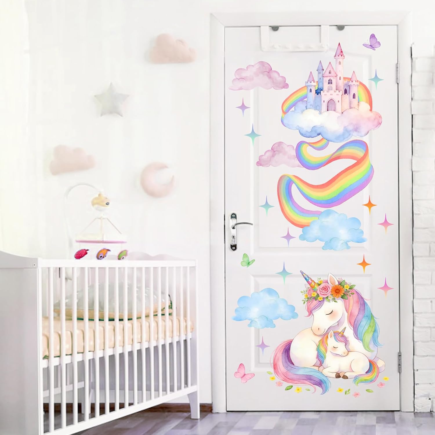Mfault Watercolor Dreamy Princess Castle Unicorn Wall Decals Stickers, Fairytale Rainbow Cloud Nursery Decoration Girls Bedroom Art, Star Butterfly Floral Baby Toddler Kids Playroom Decor
