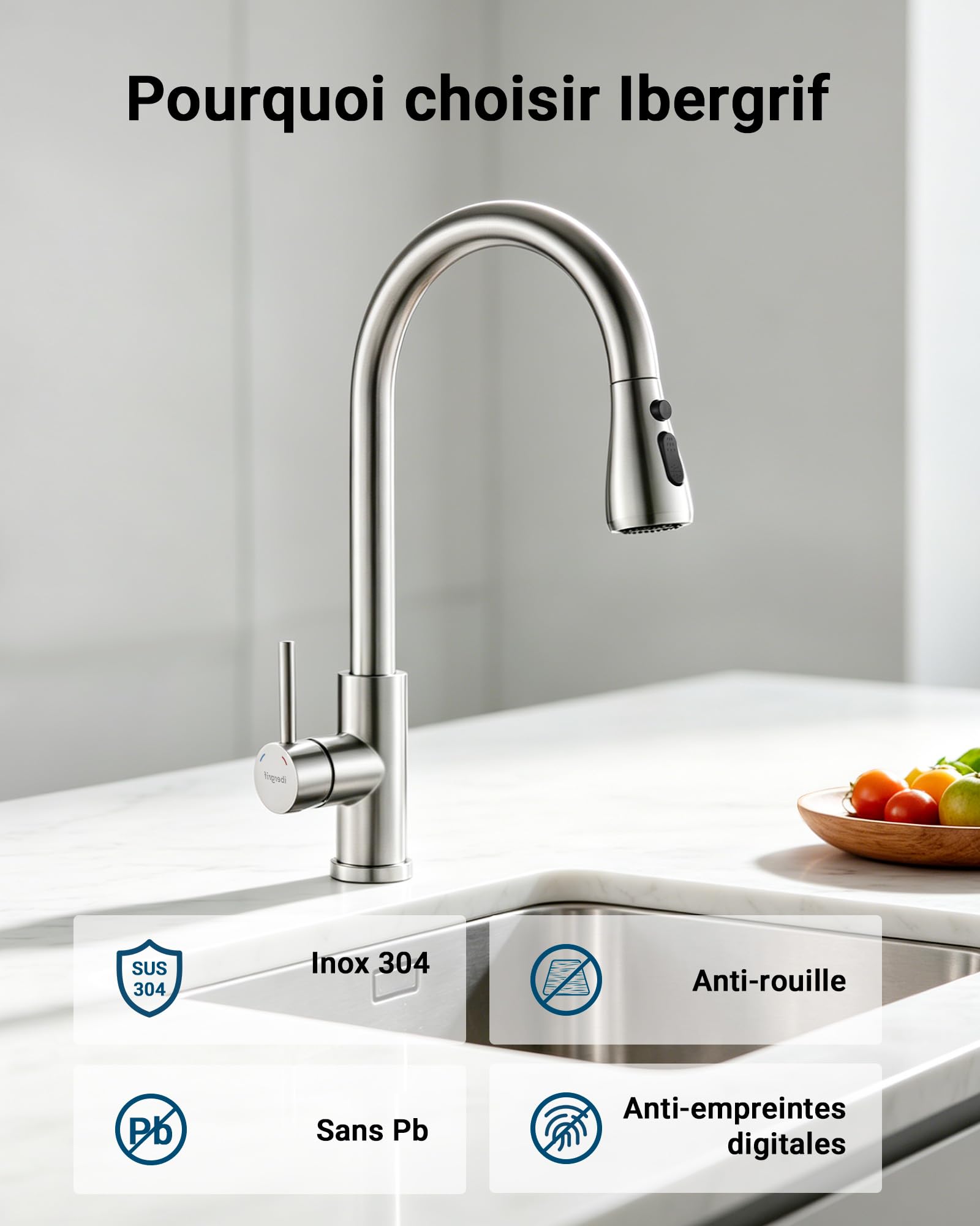 Ibergrif Robinet Cuisine Mitigeur Pivotant 360° Arc Élevé Douchette 3 Modes Pulvérisation Acier Inoxydable