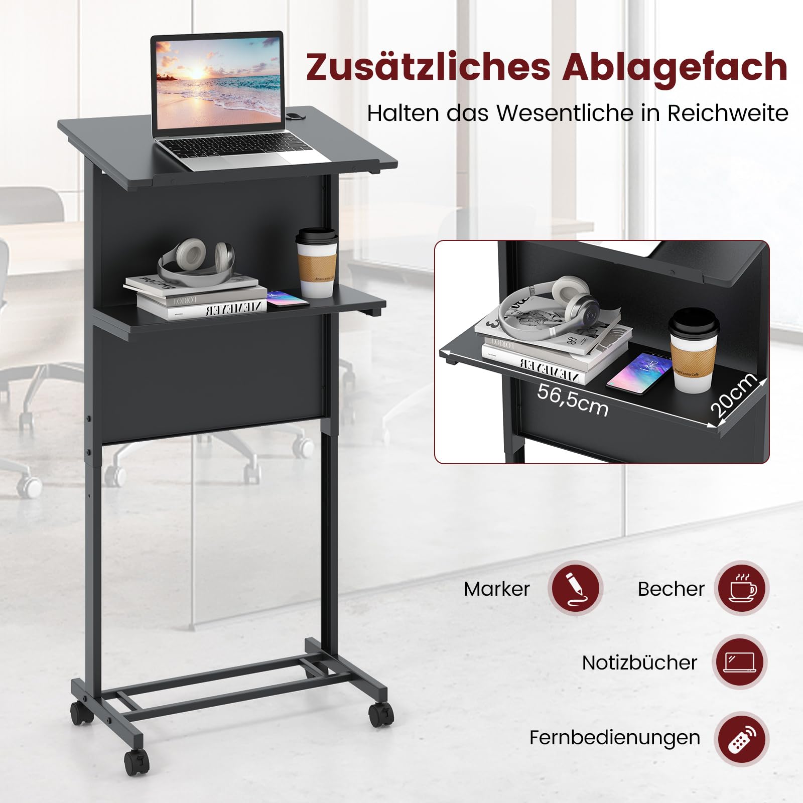 COSTWAY Stehpult höhenverstellbar, Steh-Sitz Schreibtisch mit Rollen, mobiler Stehschreibtisch mit geneigter Tischplatte & Ablagefläche, Laptoptisch für Zuhause & Büro, Schwarz