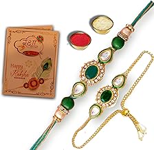 Kundhan Bhaiya Rakhi With Bhabhi Bracelet Rakhis Set with Roli Chawal Pack and greeting card (Green Bracelet Set)