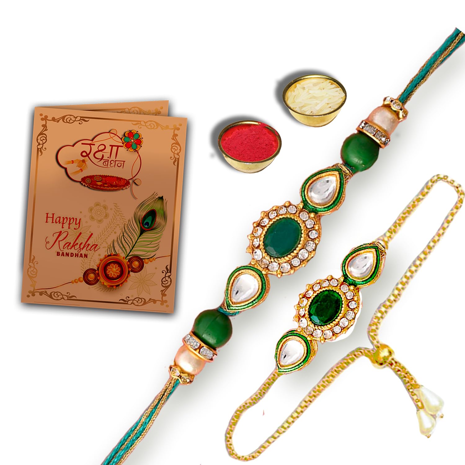 AWANI TRENDS Bhaiya Bhabhi Lumba Rakhis Set with Roli Chawal Pack and greeting card (Green Bracelet Set) (B0D5PQD9TB) Amazon Price History, Amazon Price Tracker