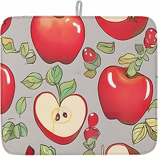 Red Apples Dish Drying Mat for Kitchen Counter Modern Art Watercolor Baby Microfiber Drying Pad, Absorbent Coffee Cup Dishes Drainer Mats 16"x18", 1 Pcs