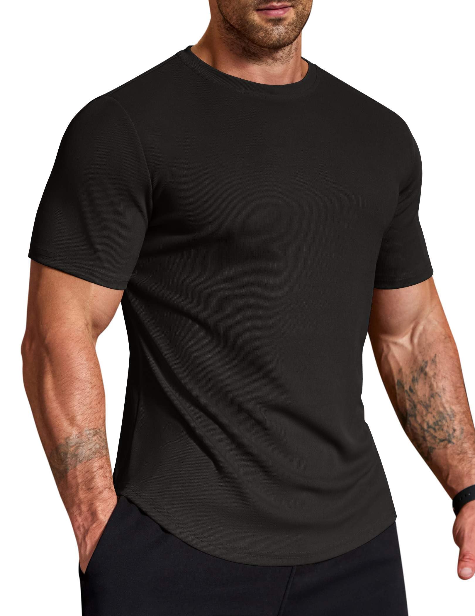Mens Muscle Shirt Short Sleeve Slim Fit T-Shirts Texture Crewneck Tees Longline Gym Workout Athletic Shirt