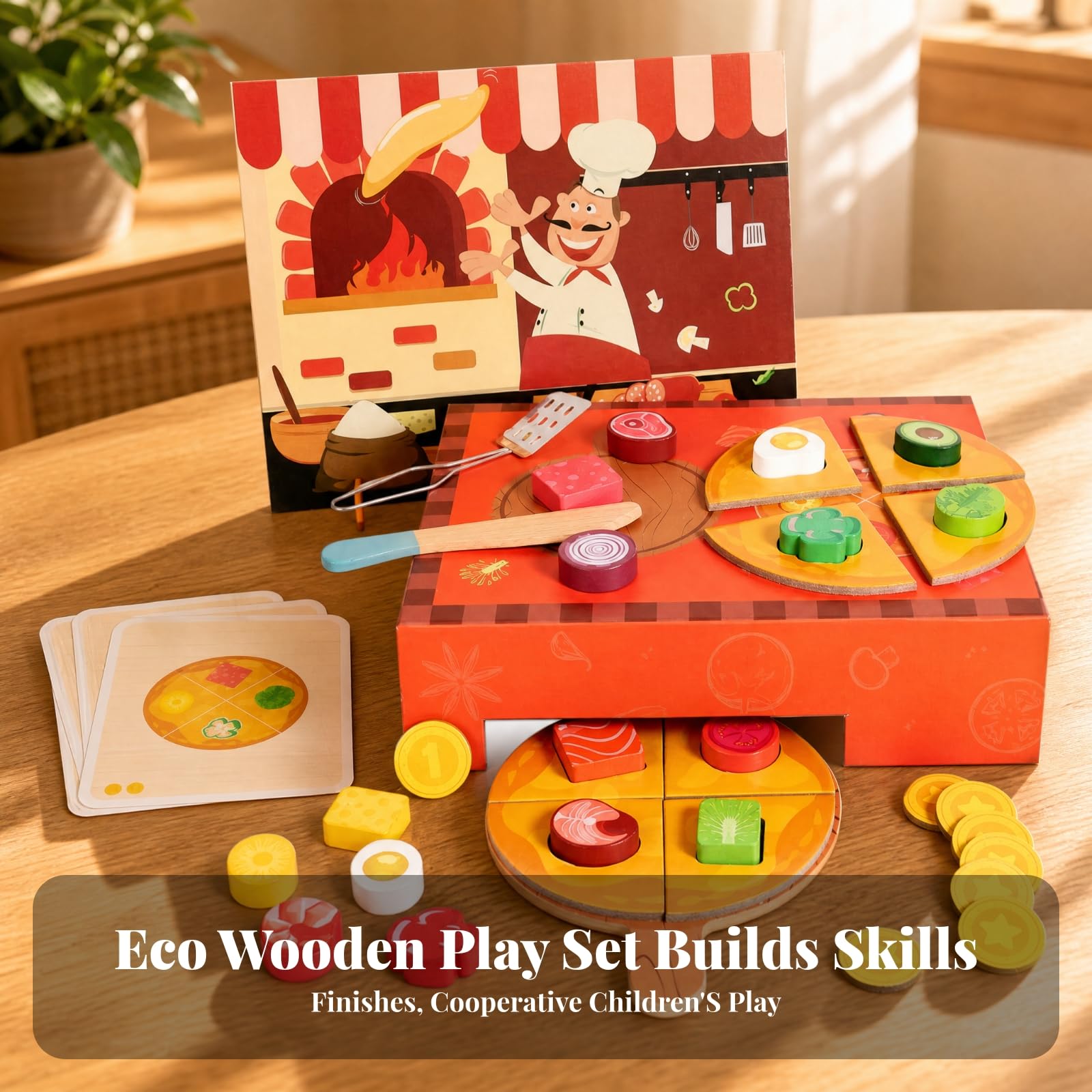 Set Pizza Giocattolo in Legno Educativo Gioco di Simulazione Pizzeria in Legno Sviluppa Motricità Fine Set Pizzeria Giocattolo con Accessori per Casa