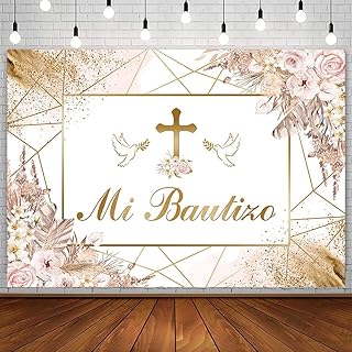 AIBIIN 7x5ft Boho Mi Bautizo Backdrop Mexican Baptism Christening Girl First Holy Communion Party Decorations Bohemian Pink Floral Pampas Photography Background Newborn Baby Shower Photo Booth Props
