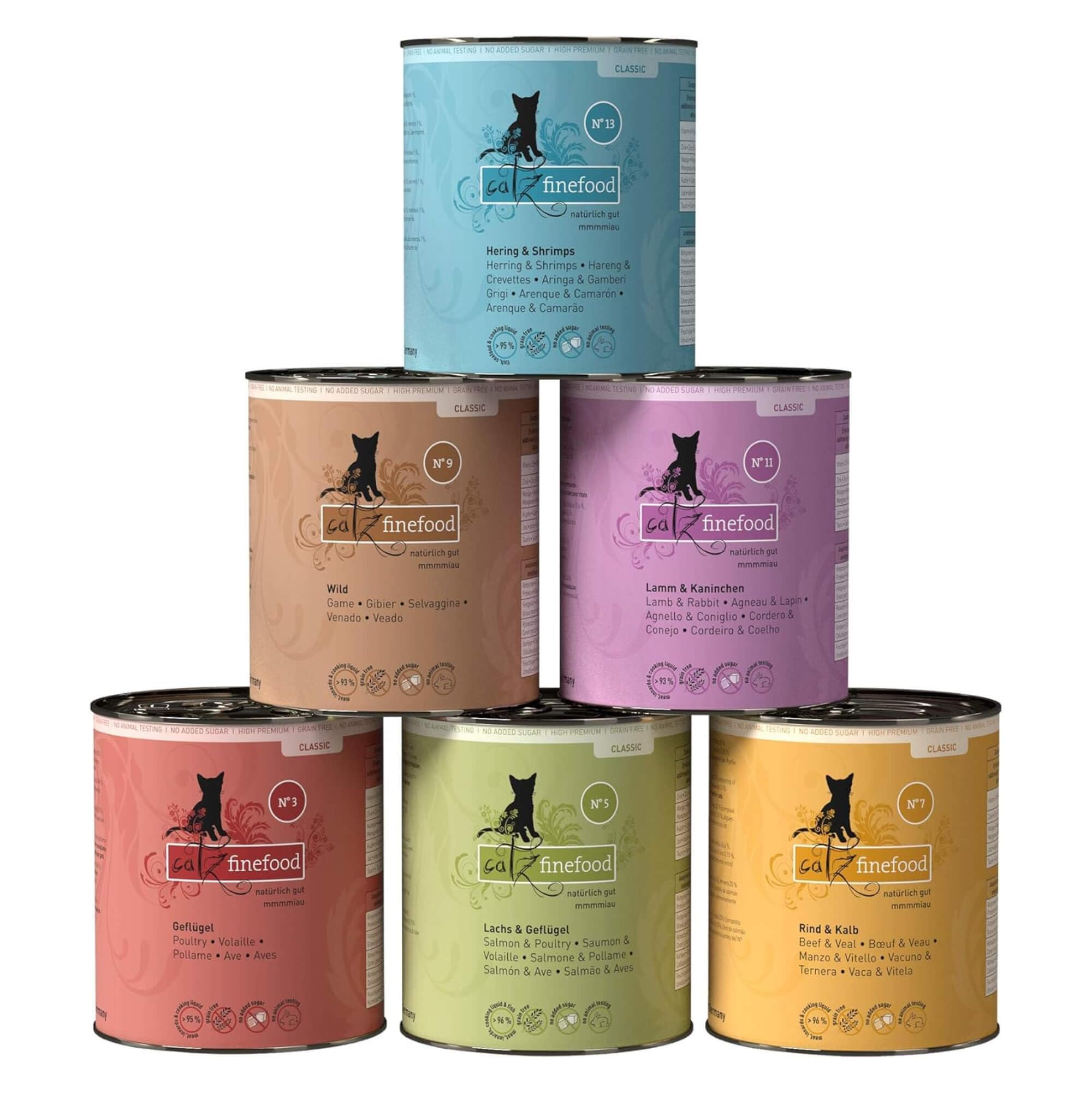 catz finefood Classic Collection Comida húmeda para Gatos – Comida húmeda Gourmet para tu Gato sin azúcar ni Cereales, sin Gluten, con Alto Porcentaje de Carne, Fabricado en Alemania (6 latas de 800