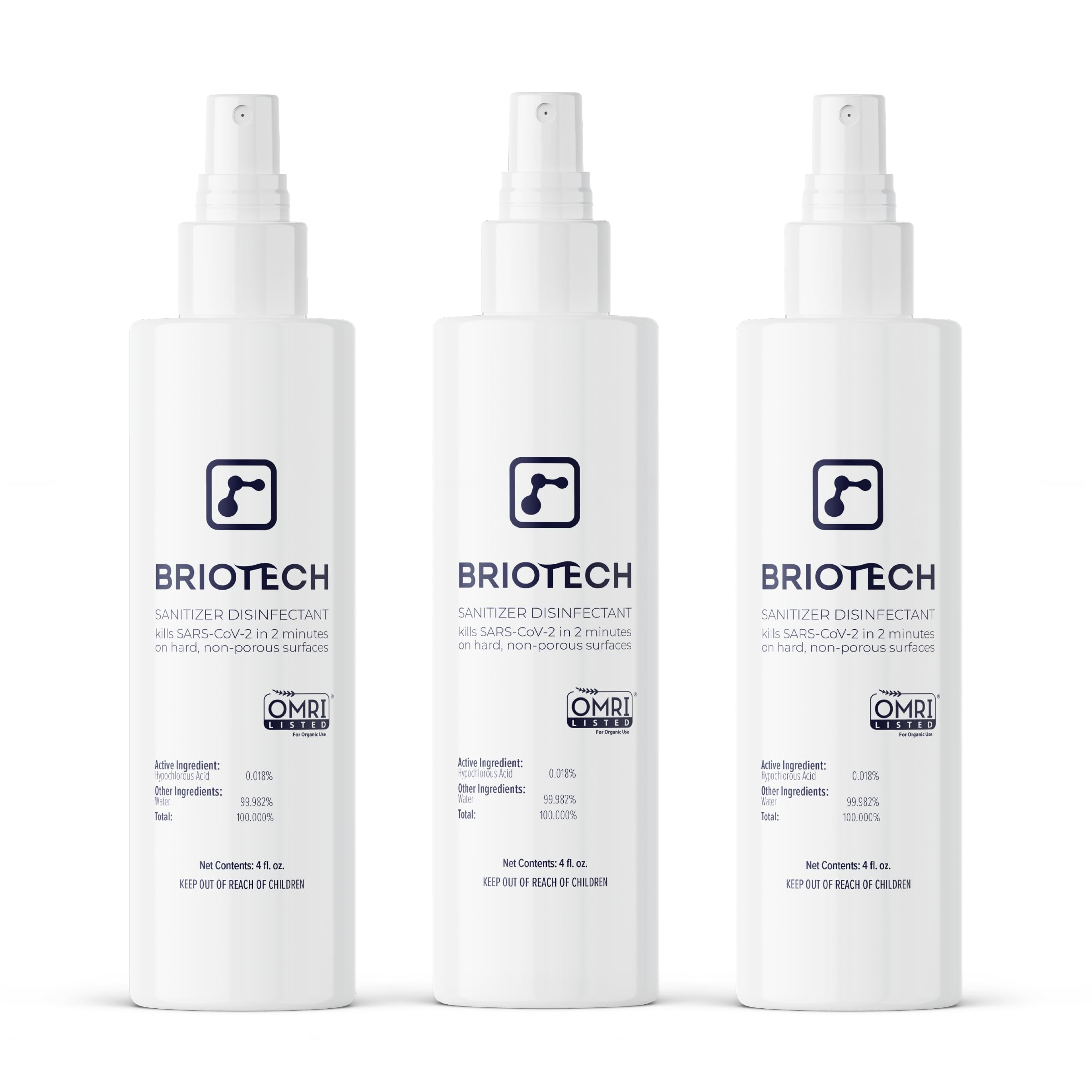 BRIOTECH Sanitizer Disinfectant Hypochlorous Spray, Kills 99.99% of Viruses & Bacteria, Eliminate Odor, Gentle for Nurseries & Play Rooms, Food Contact Surface Sanitizer, 4 fl oz ea, 3 ct