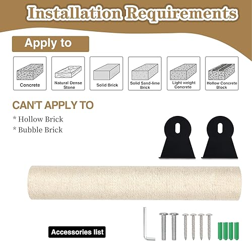 Miniatura 6 de Poste rascador para gatos montado en la pared, cuerda de sisal natural de 16 pulgadas, para muebles de pared para gatos, rascador de garras para