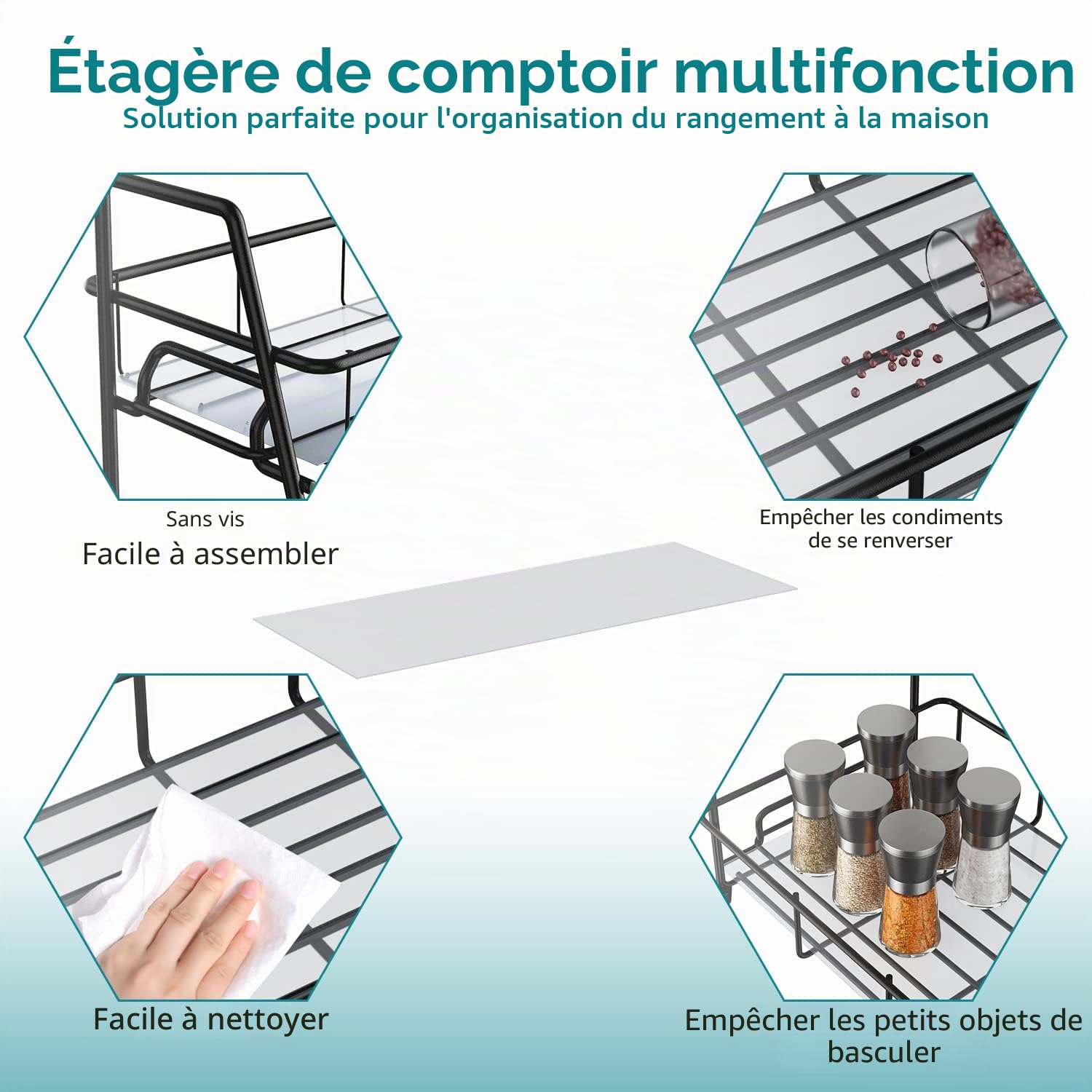 Étagère à Épices Cuisine, Porte-Épices en Métal, Rangement Epices Cuisine pour Comptoir,Noir