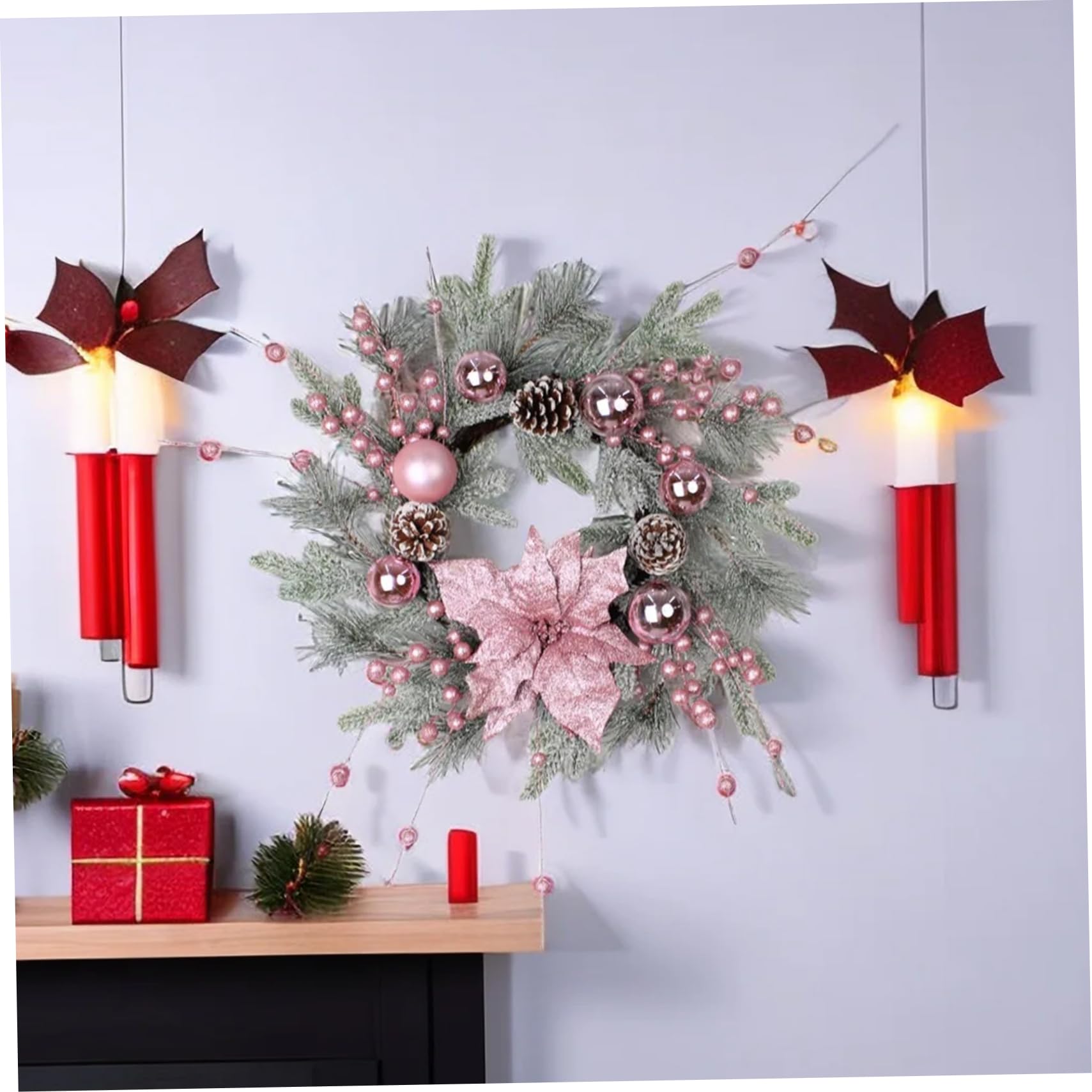 Weihnachtskranz, 50, 8 cm, künstliche Weihnachts-Türdekoration, Kranz mit Tannenzapfen, Kugeln, Tannennadeln und roten Beeren für Tür, Fenster, Outdoor, Heimdekoration